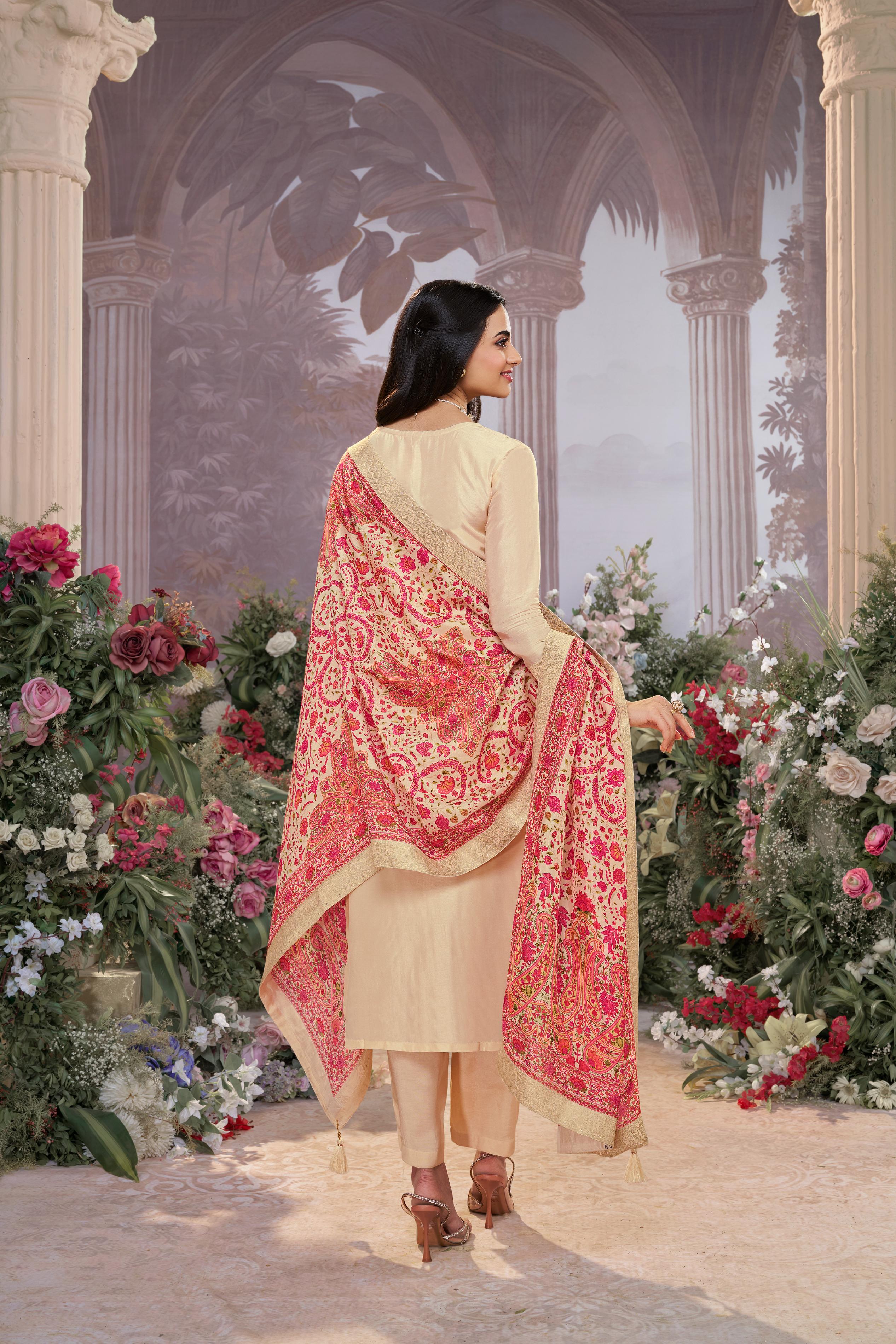 Champagne Beige Banarasi Silk Embroidered Kurta Set