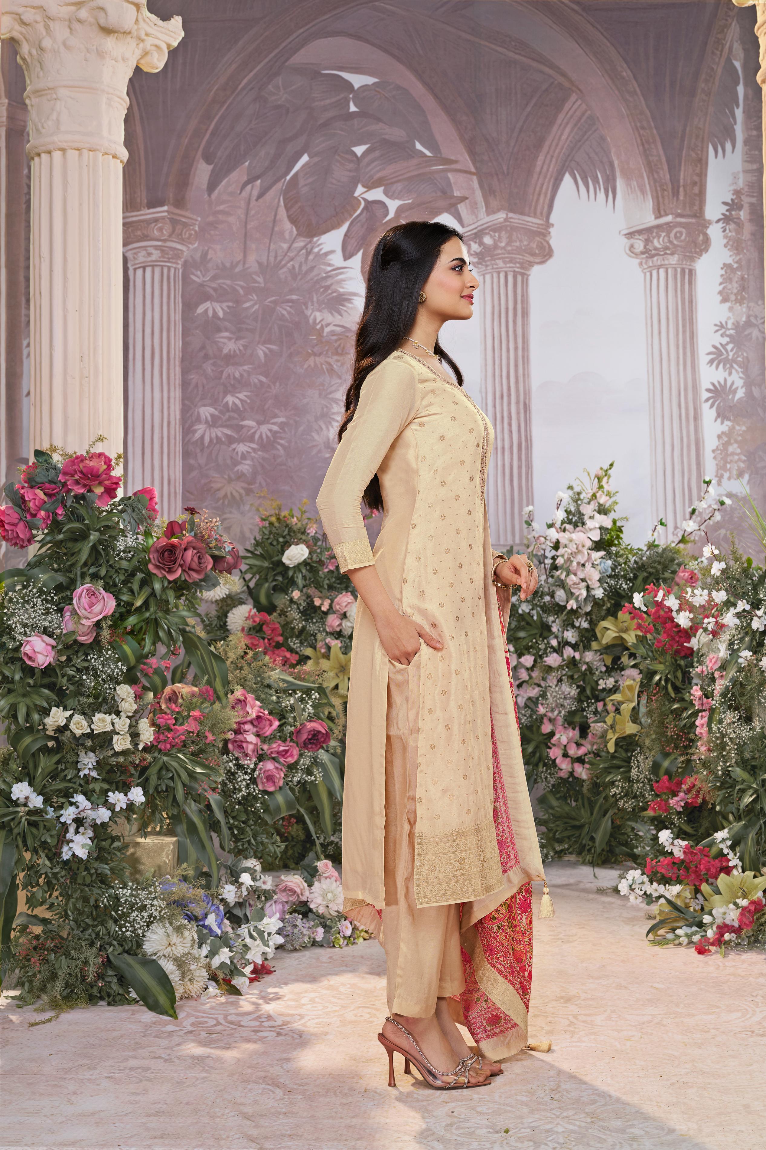 Champagne Beige Banarasi Silk Embroidered Kurta Set
