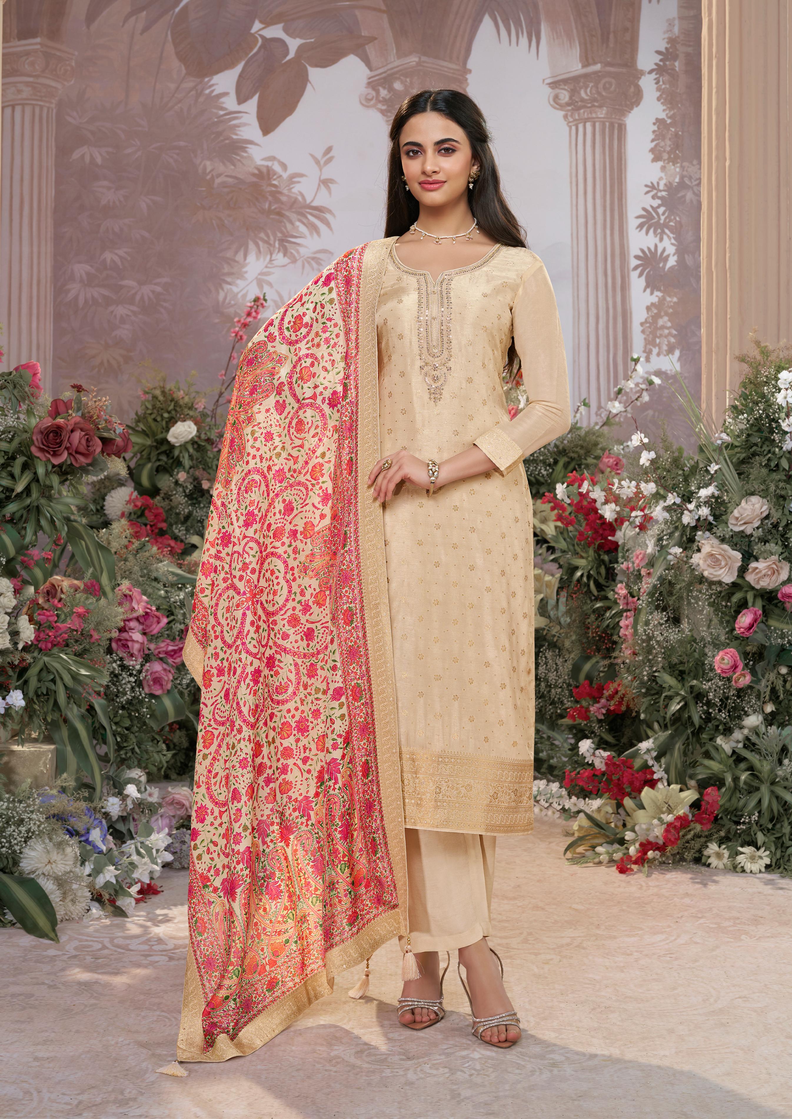Champagne Beige Banarasi Silk Embroidered Kurta Set
