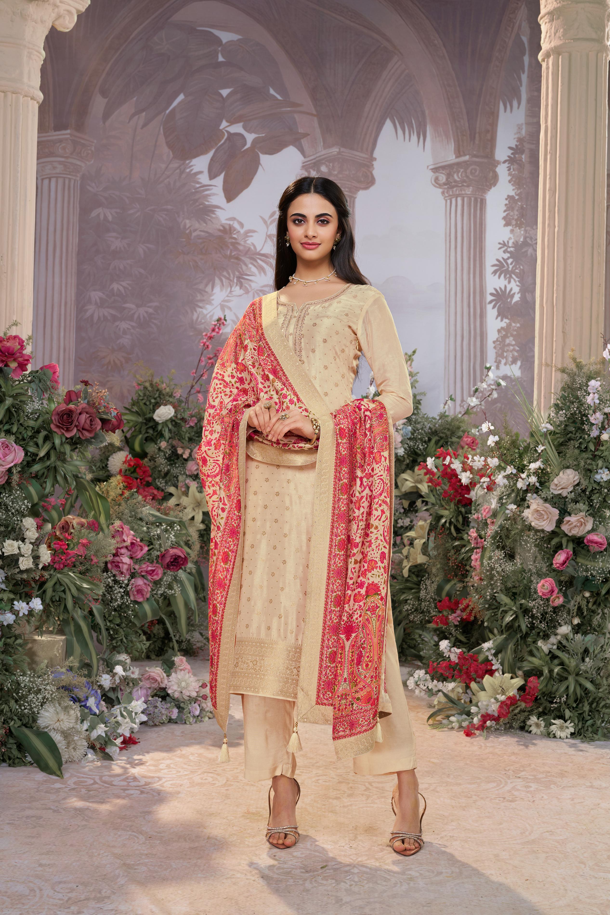 Champagne Beige Banarasi Silk Embroidered Kurta Set