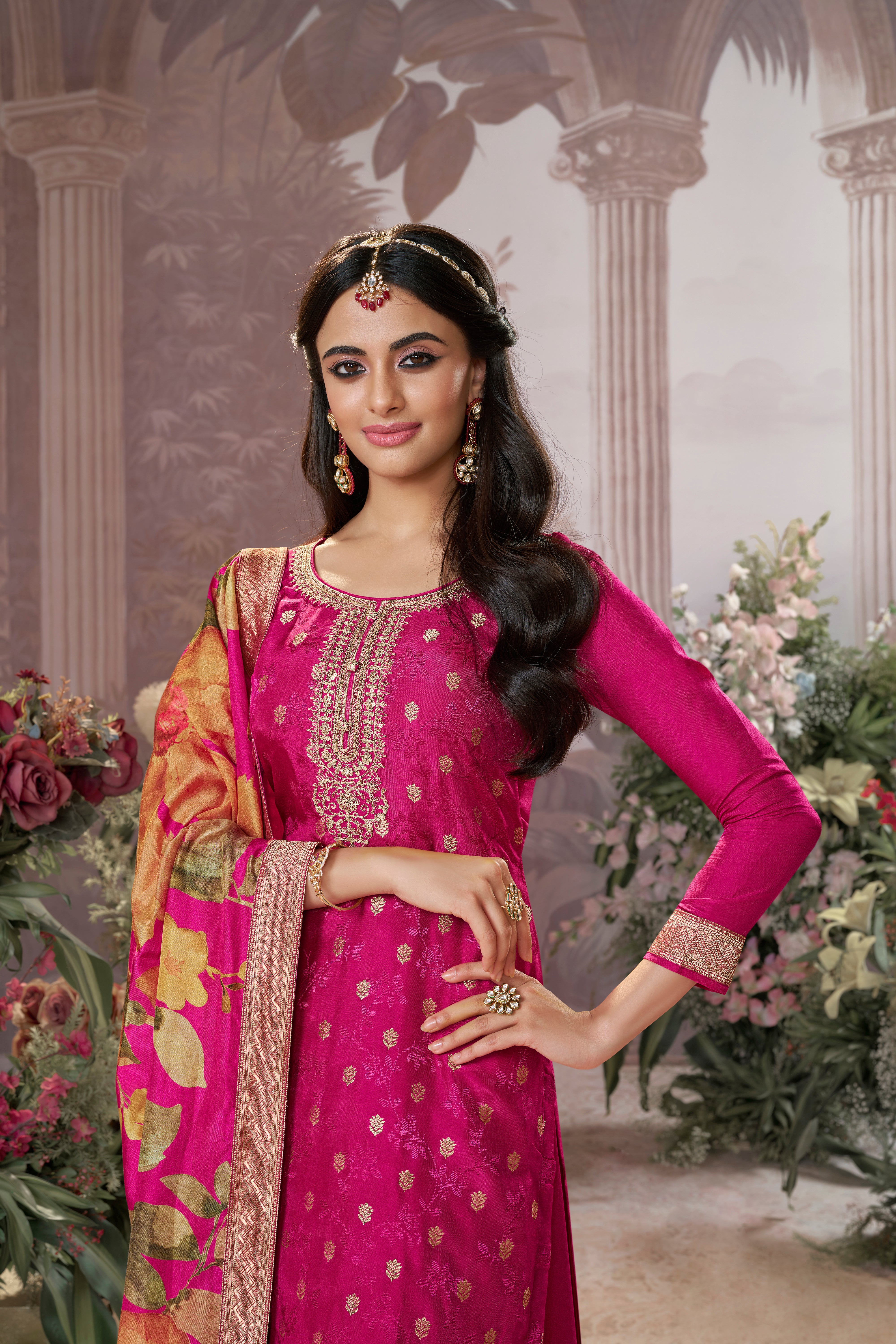 Magenta Pink Embellished Premium Silk Palazzo Set