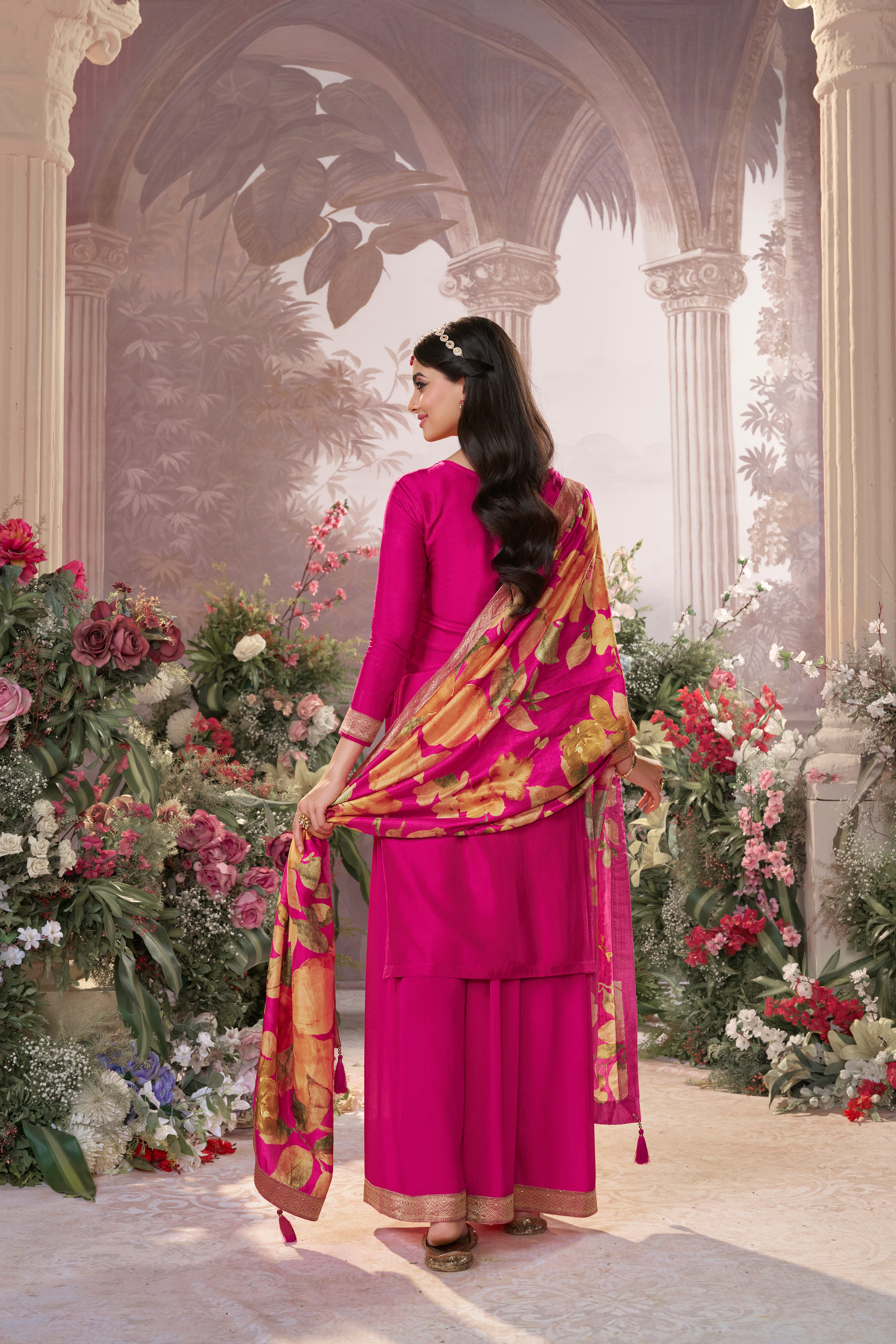 Magenta Pink Embellished Premium Silk Palazzo Set