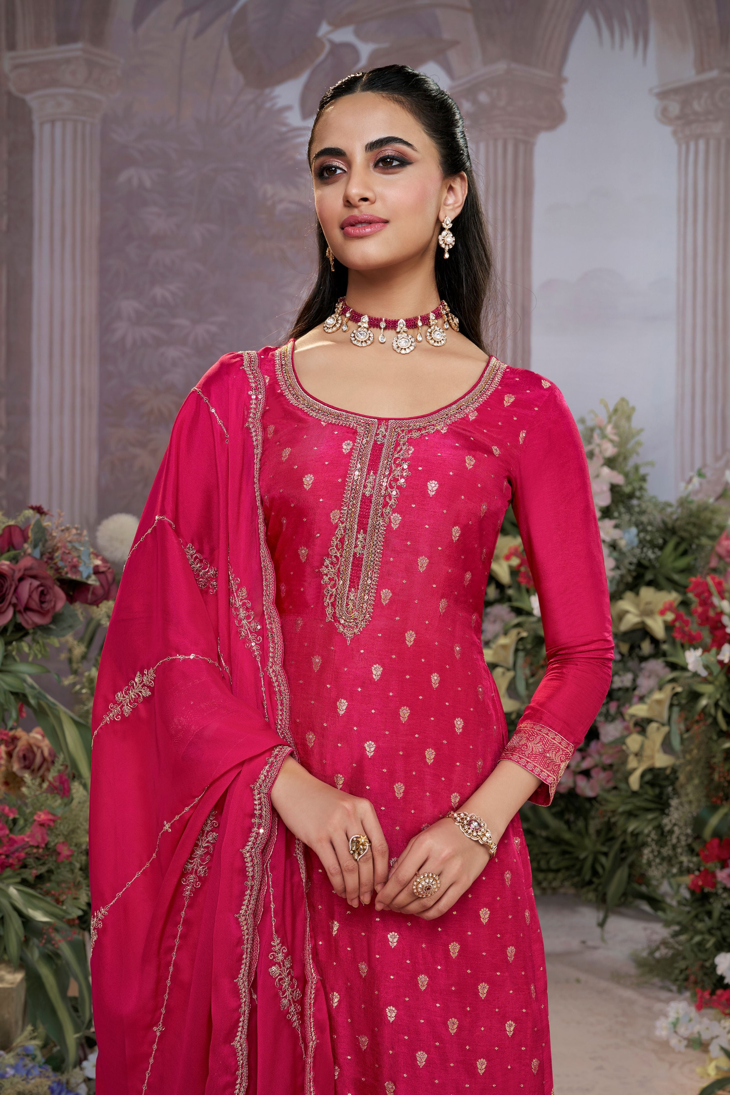 Deep Pink Embellished Premium Silk Pant Set