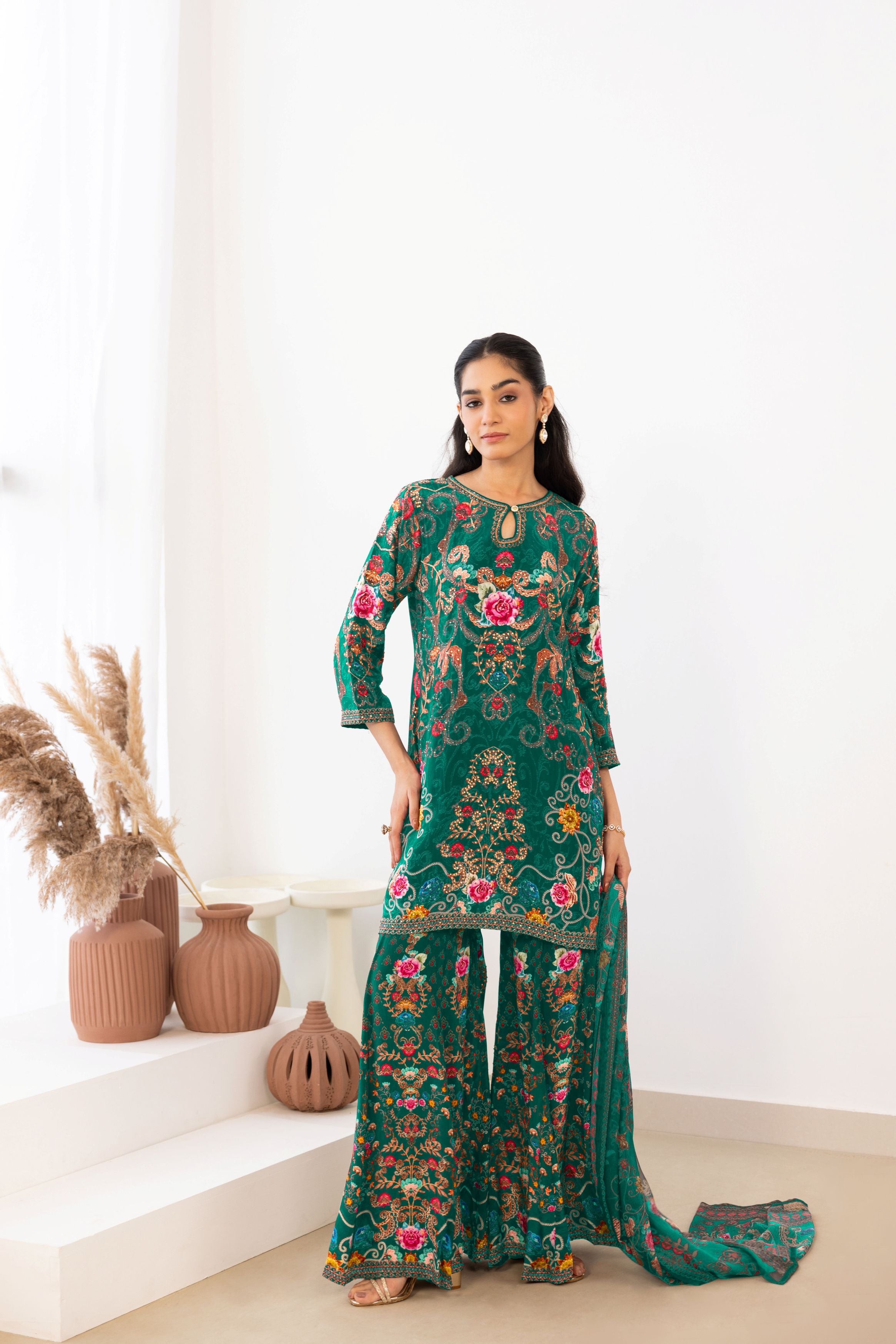 Dark Green Printed Crepe Silk Sharara Set