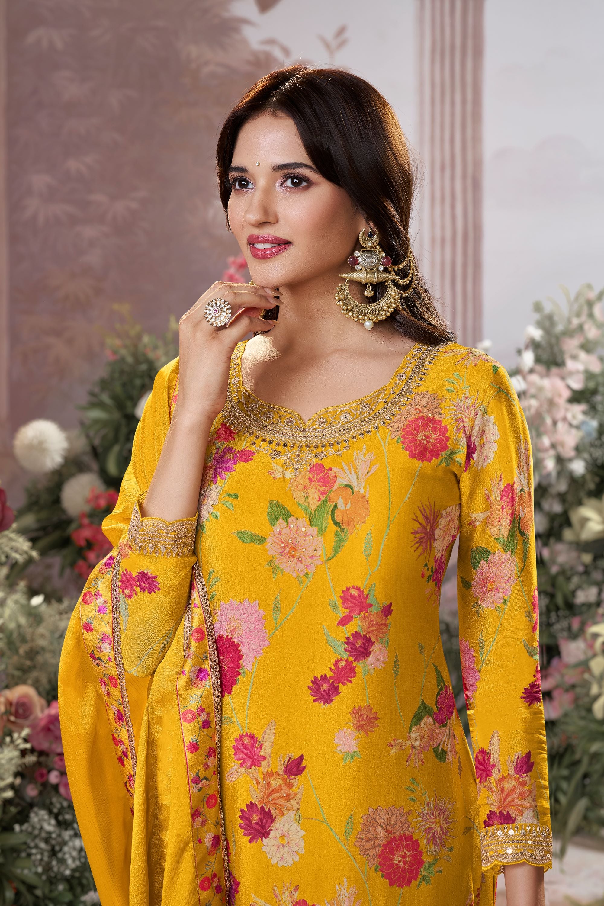 Yellow Floral Premium Silk Palazzo Set