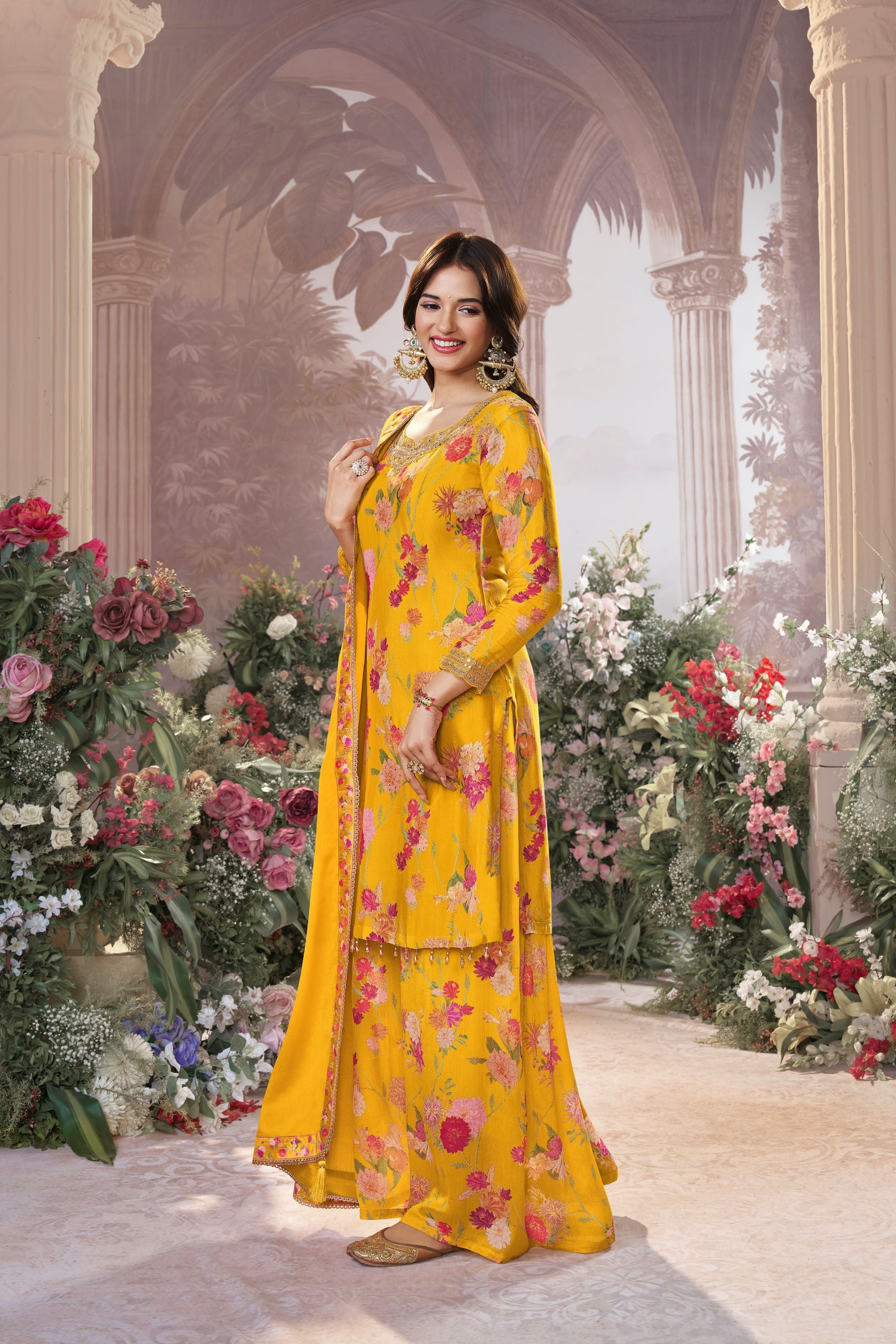 Yellow Floral Premium Silk Palazzo Set