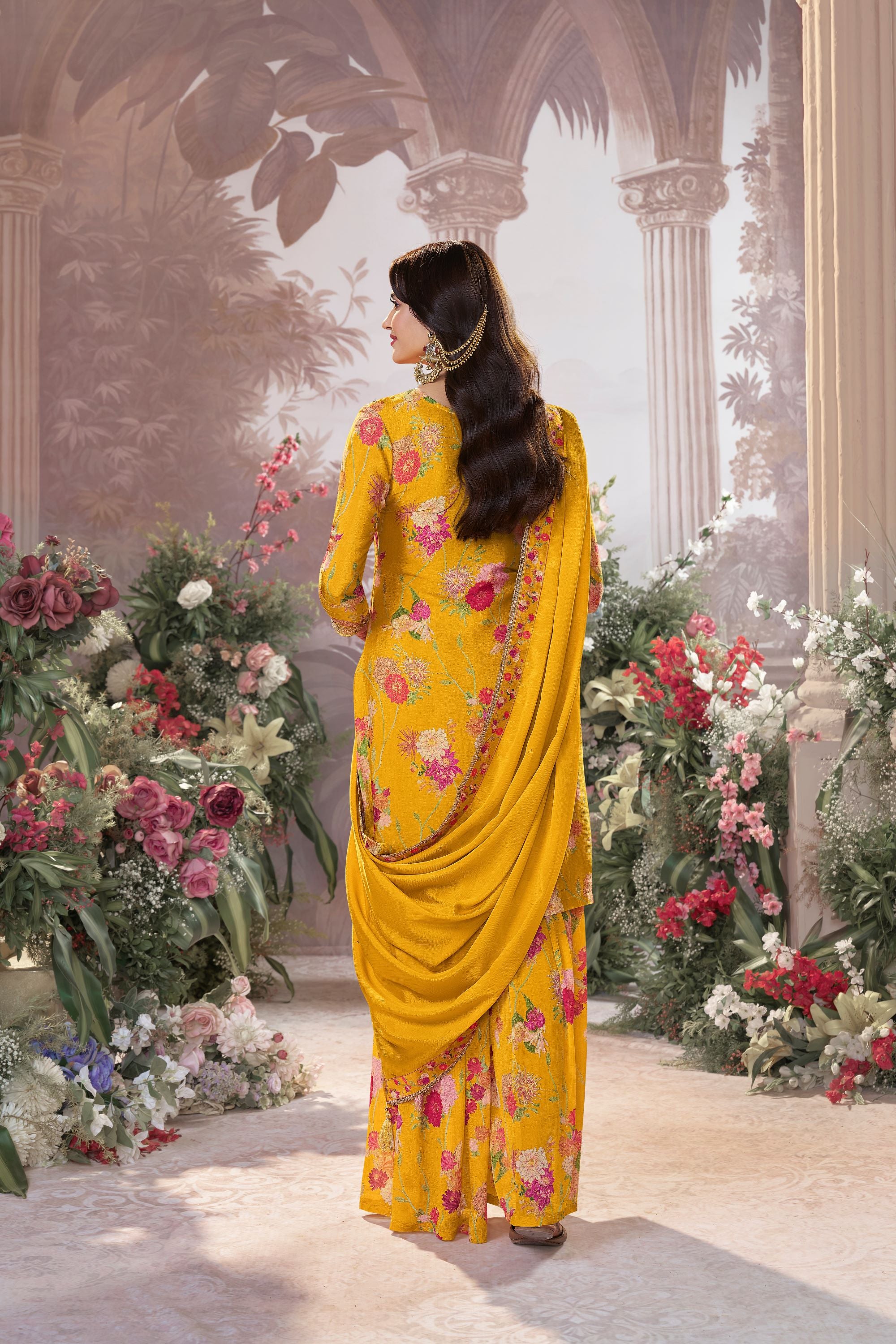 Yellow Floral Premium Silk Palazzo Set