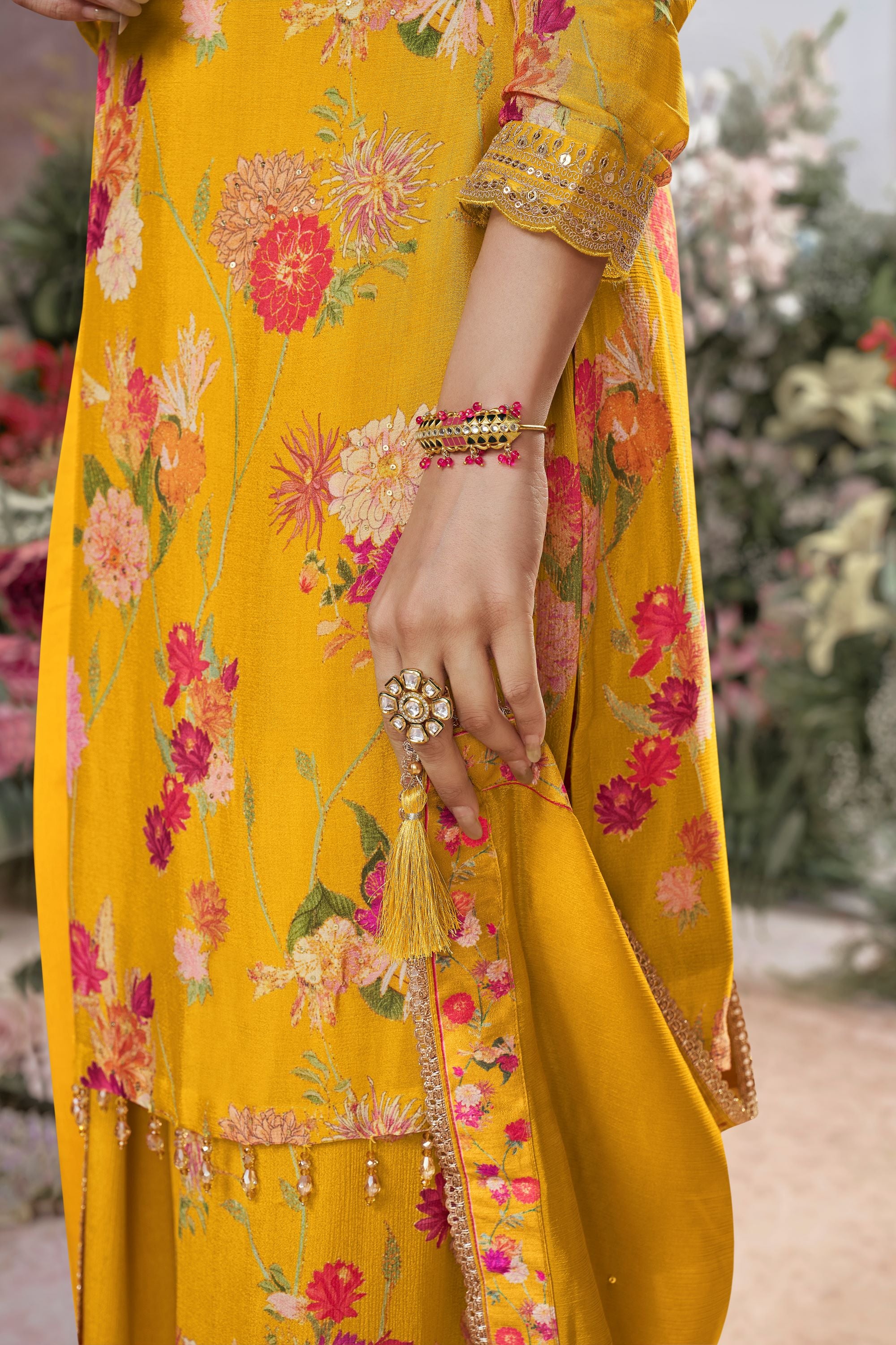 Yellow Floral Premium Silk Palazzo Set