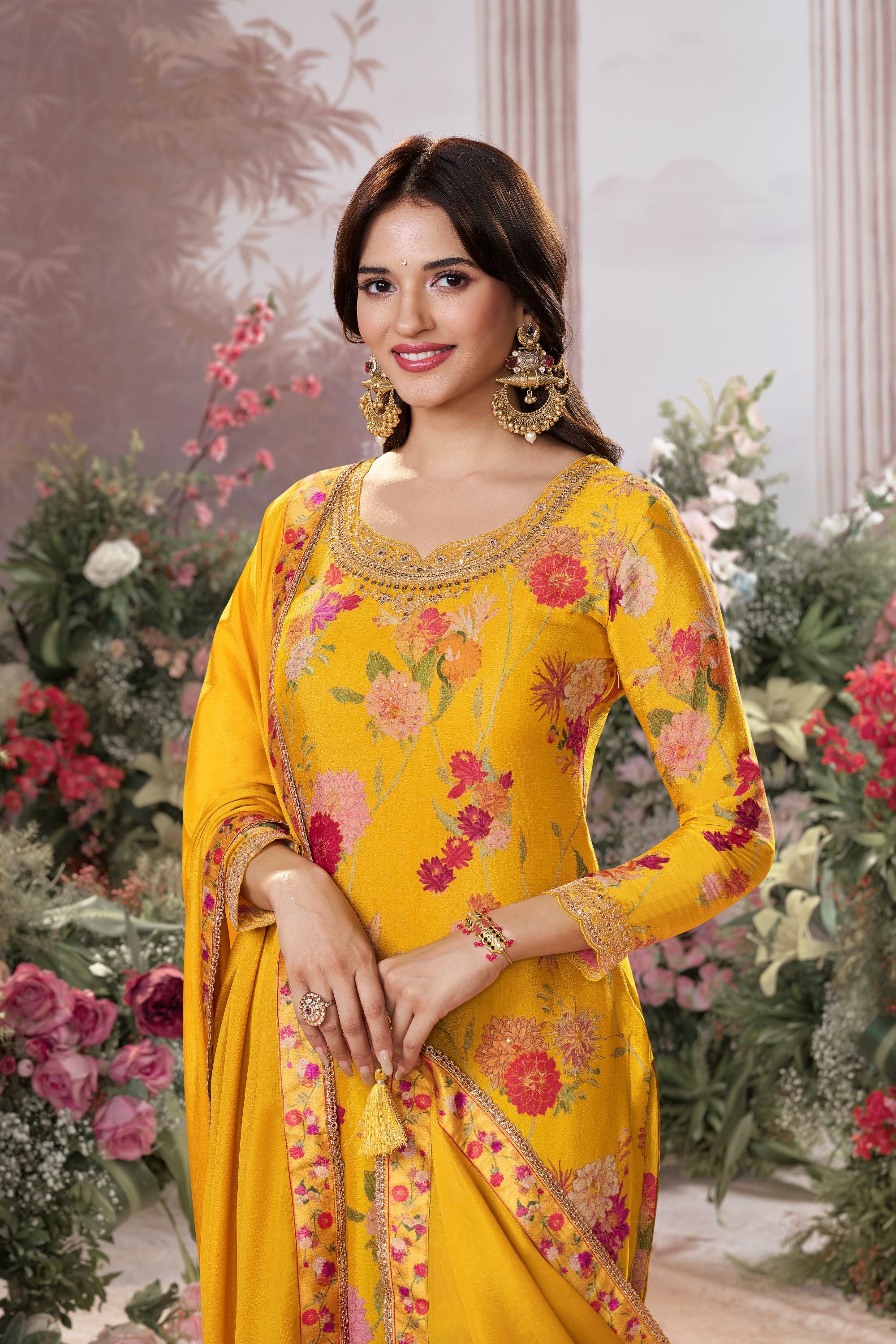 Yellow Floral Premium Silk Palazzo Set