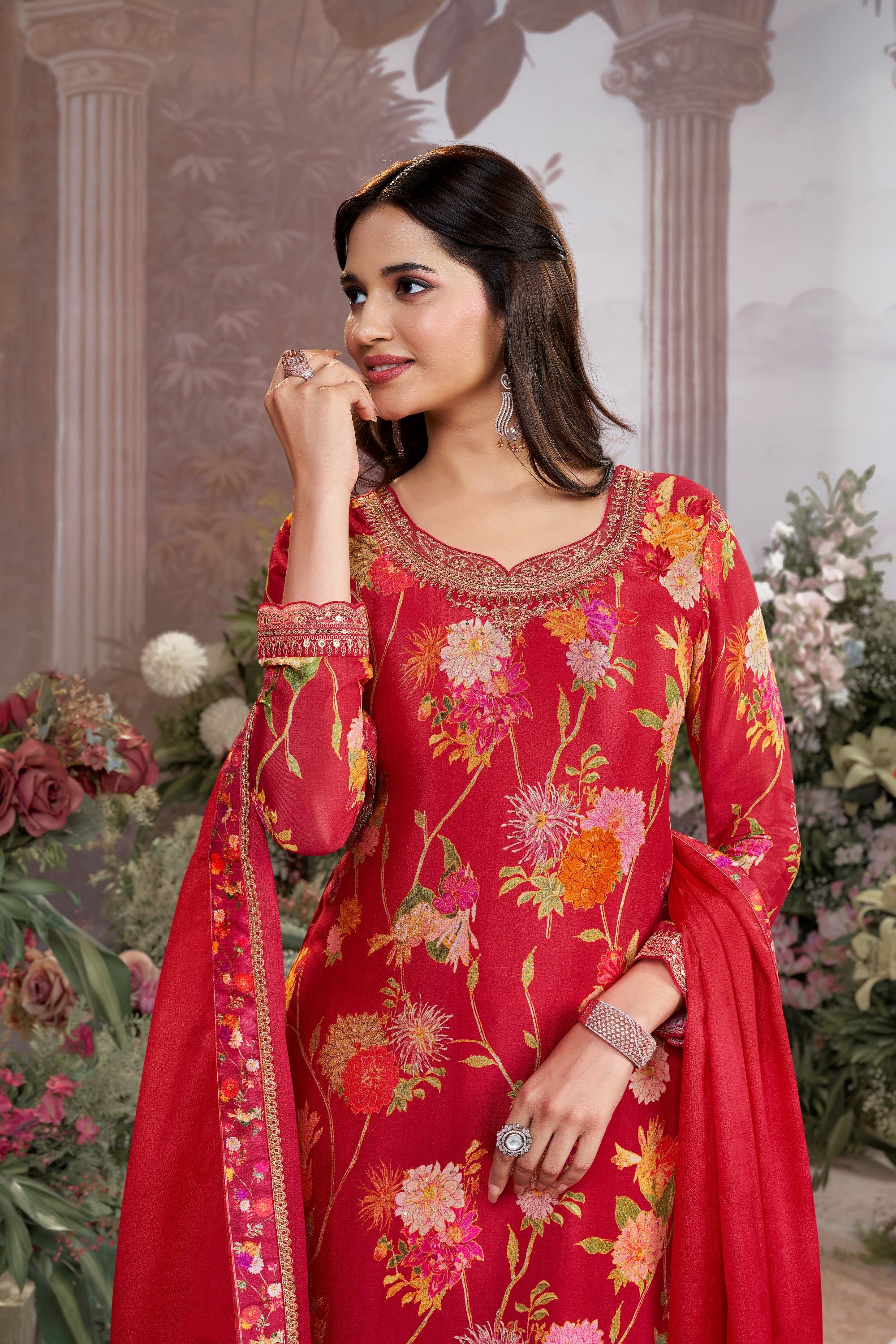 Red Floral Premium Silk Palazzo Set