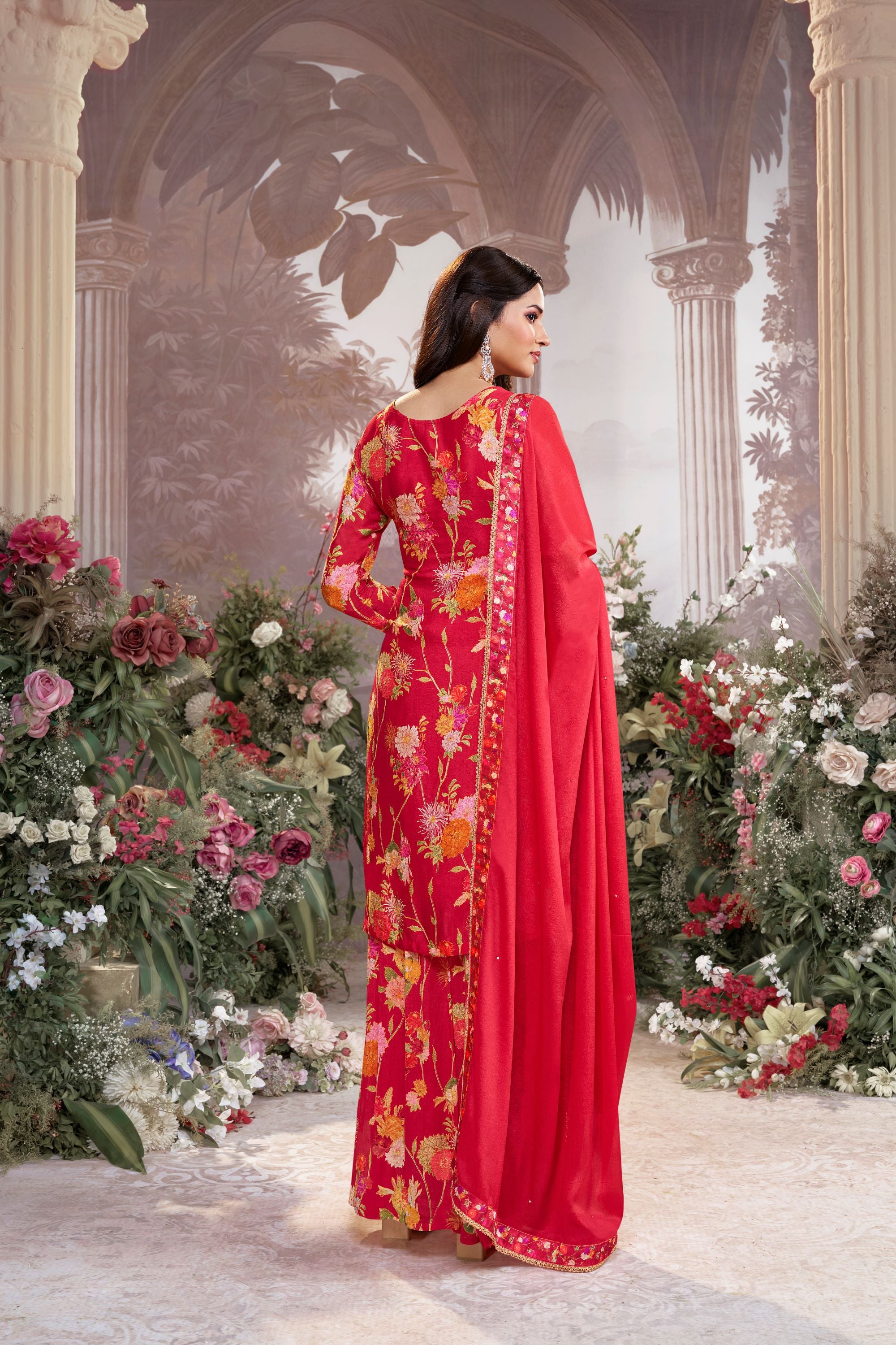 Red Floral Premium Silk Palazzo Set