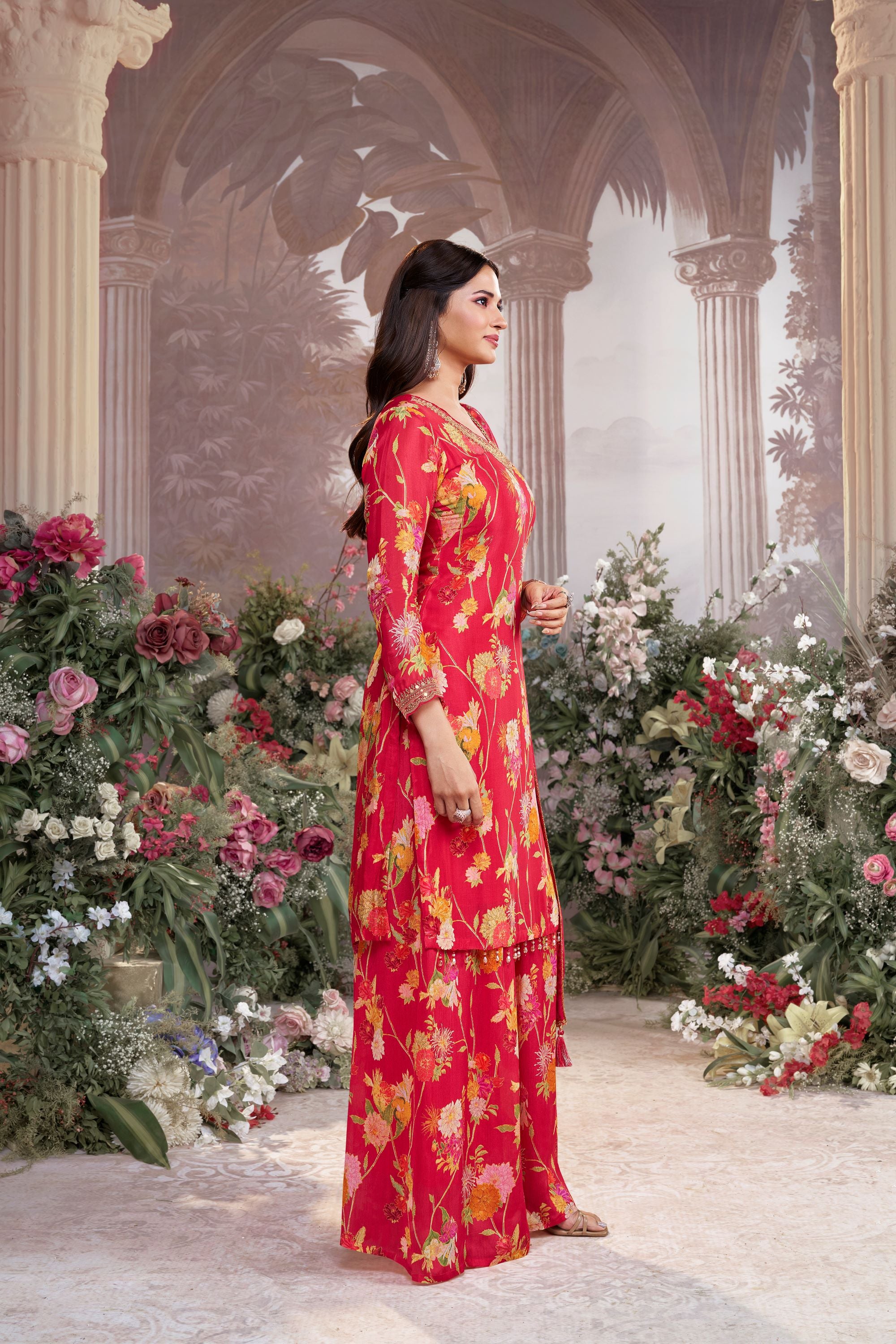 Red Floral Premium Silk Palazzo Set