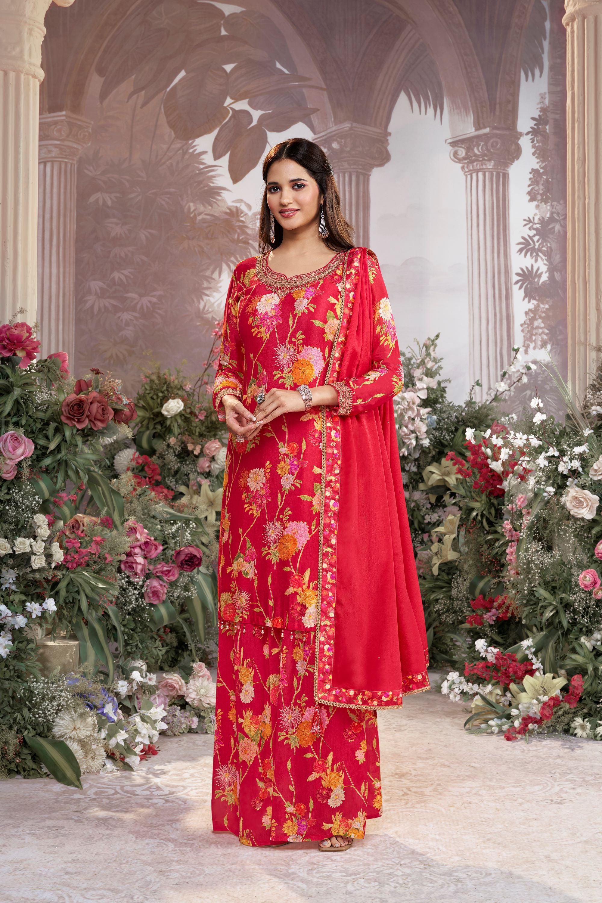 Red Floral Premium Silk Palazzo Set