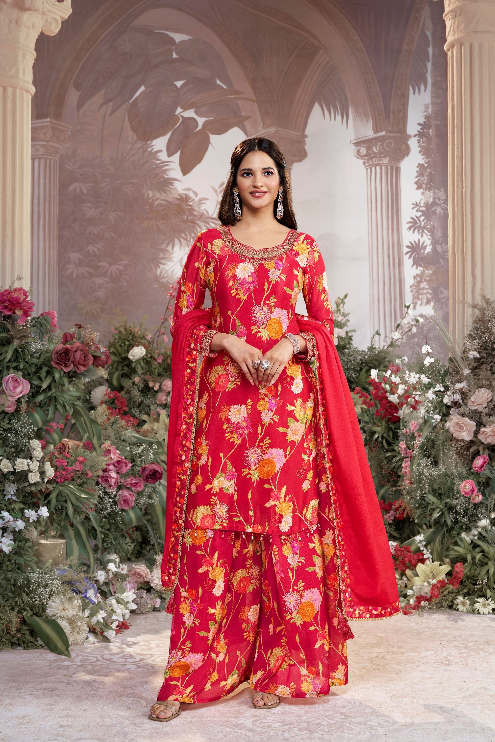 Red Floral Premium Silk Palazzo Set