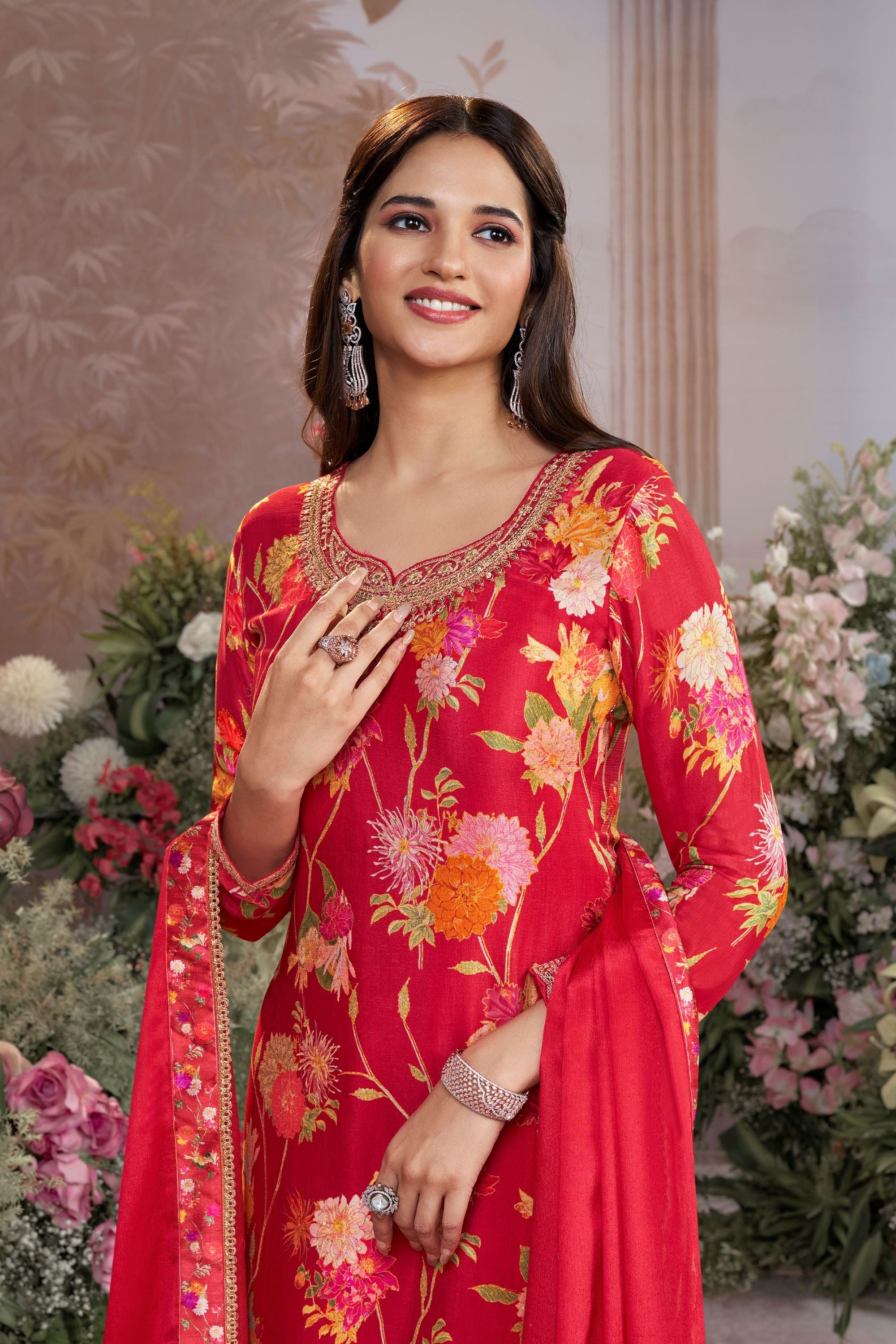 Red Floral Premium Silk Palazzo Set
