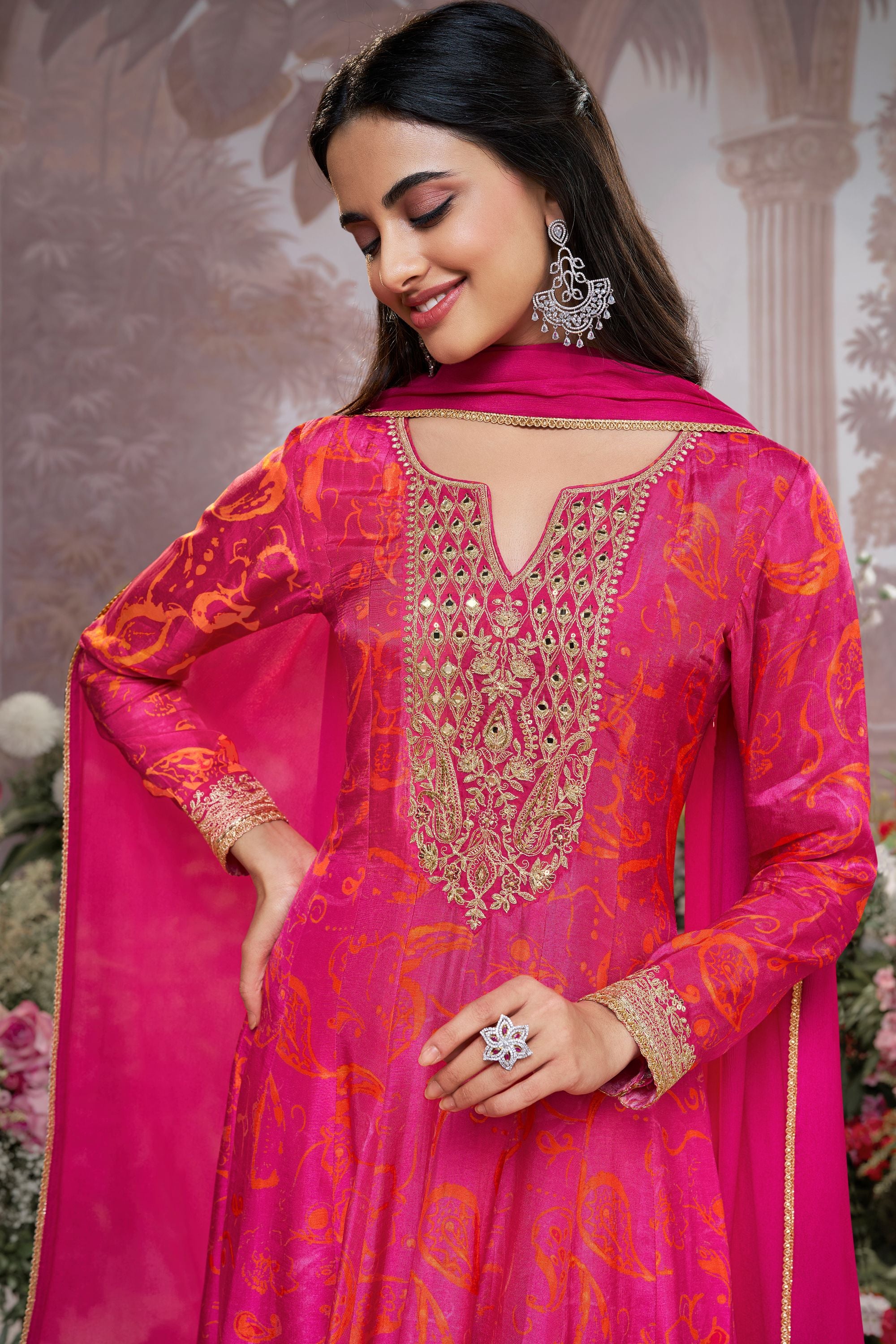 Pink Printed Premium Silk Pants Set