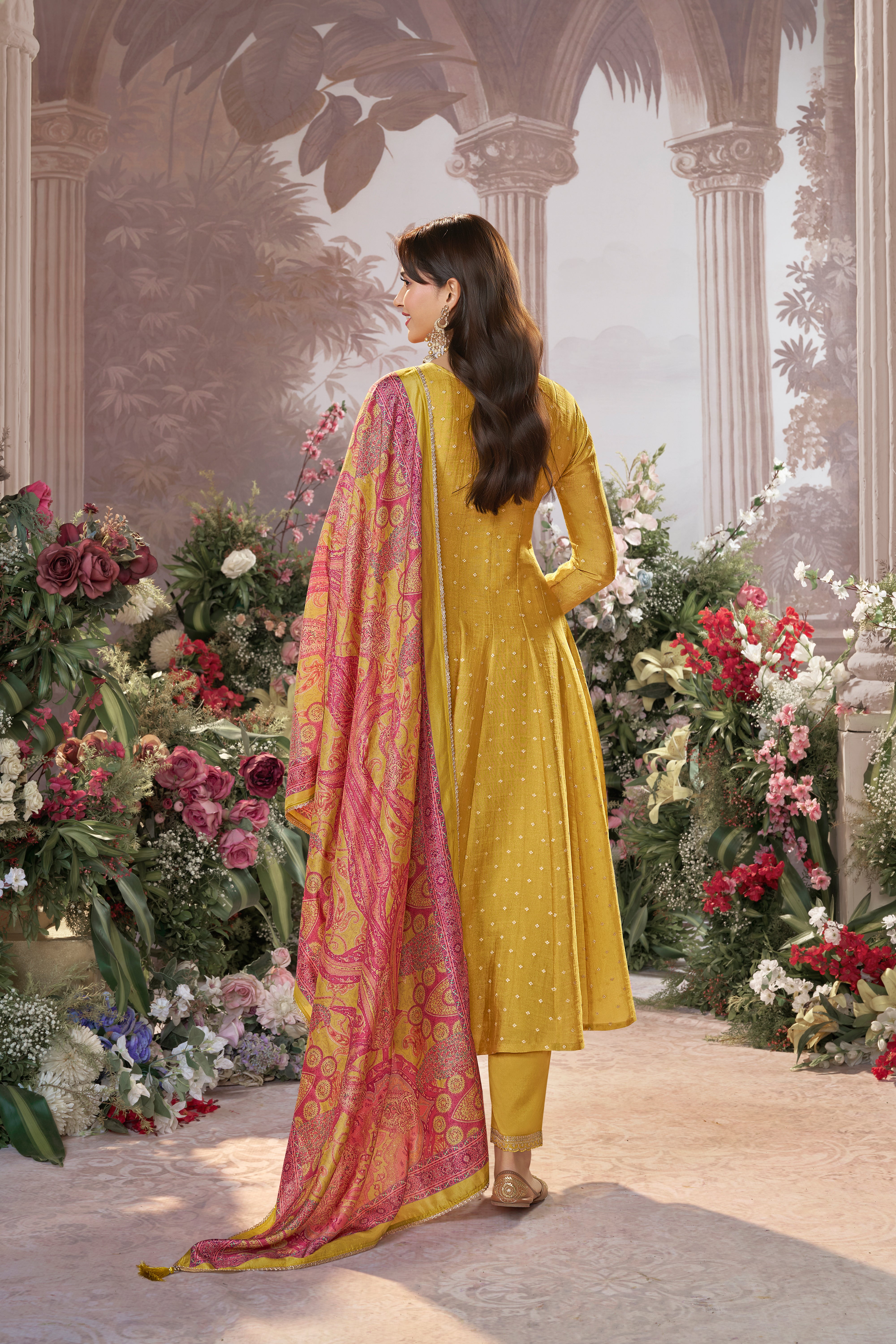 Bright Yellow Embellished Premium Silk Anarkali Set