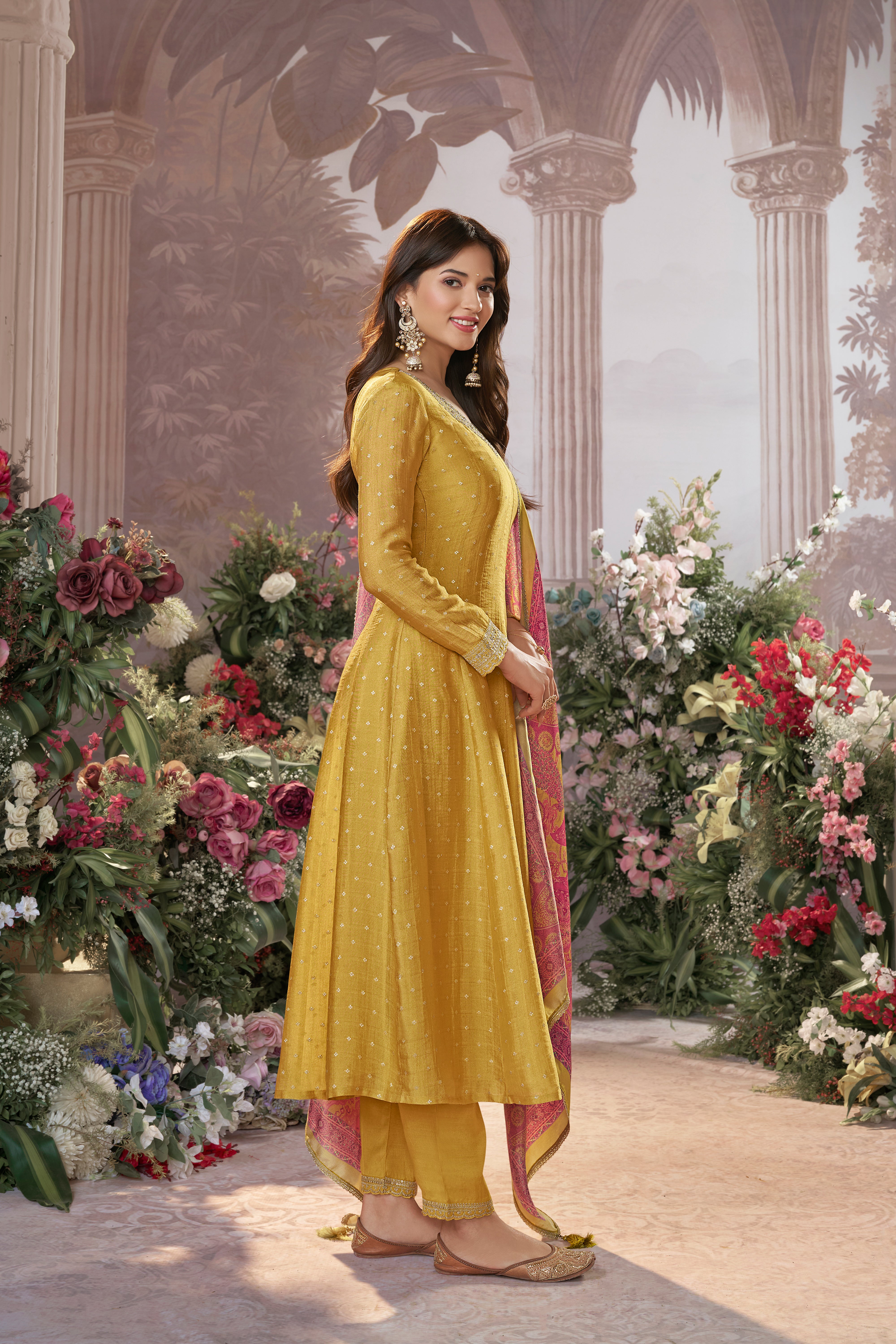 Bright Yellow Embellished Premium Silk Anarkali Set