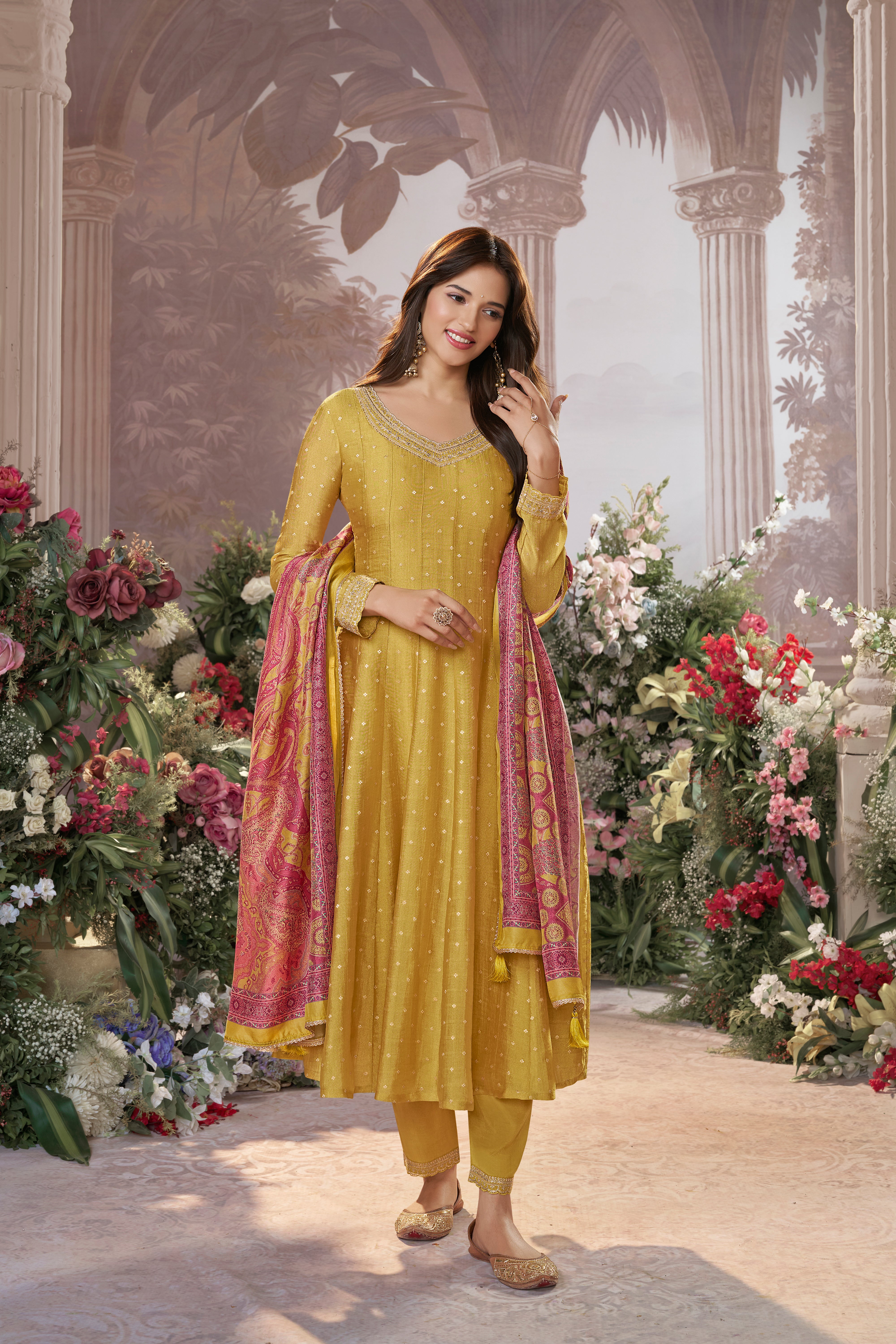 Bright Yellow Embellished Premium Silk Anarkali Set