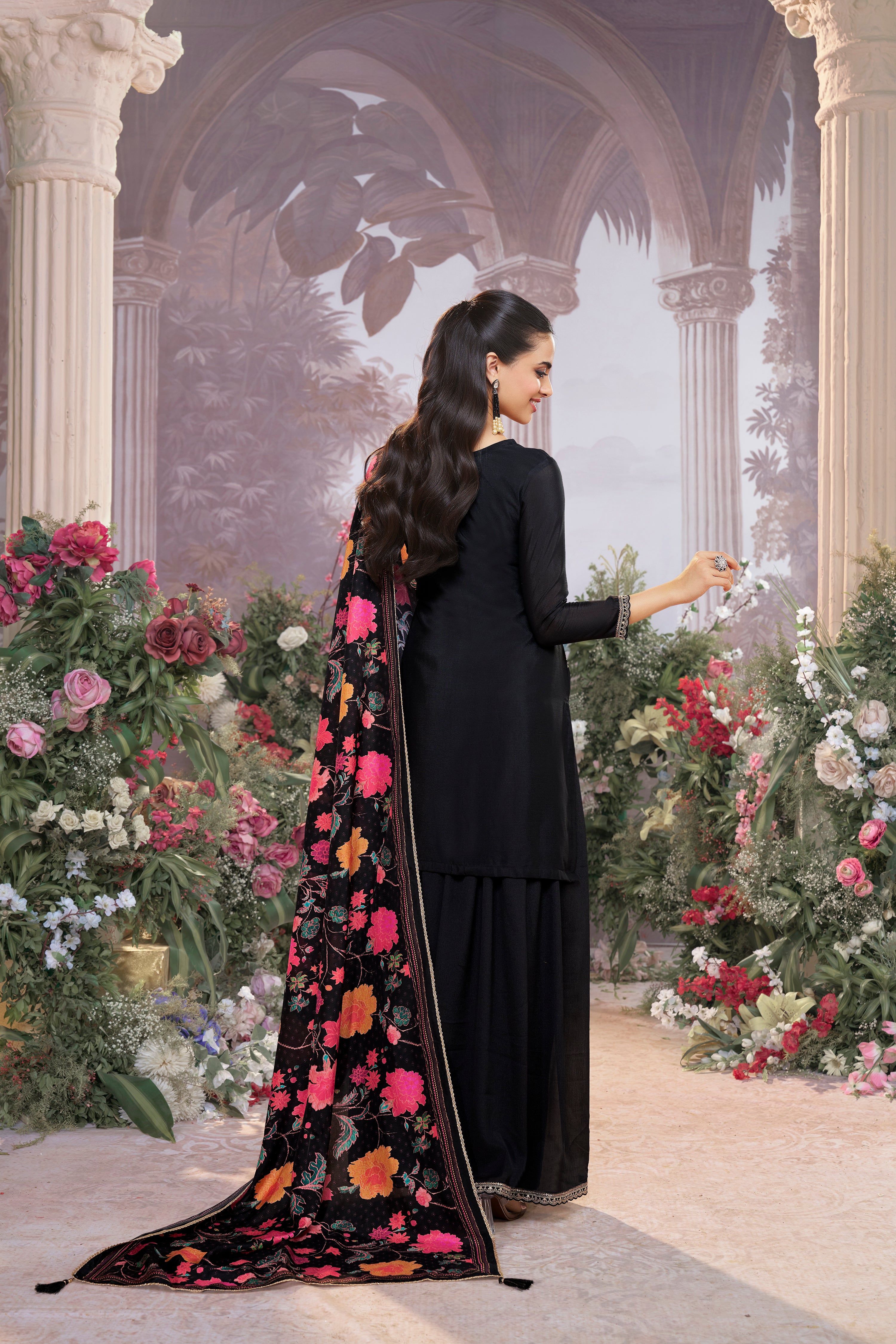 Deep Black Embellished Chinon Silk Palazzo Set