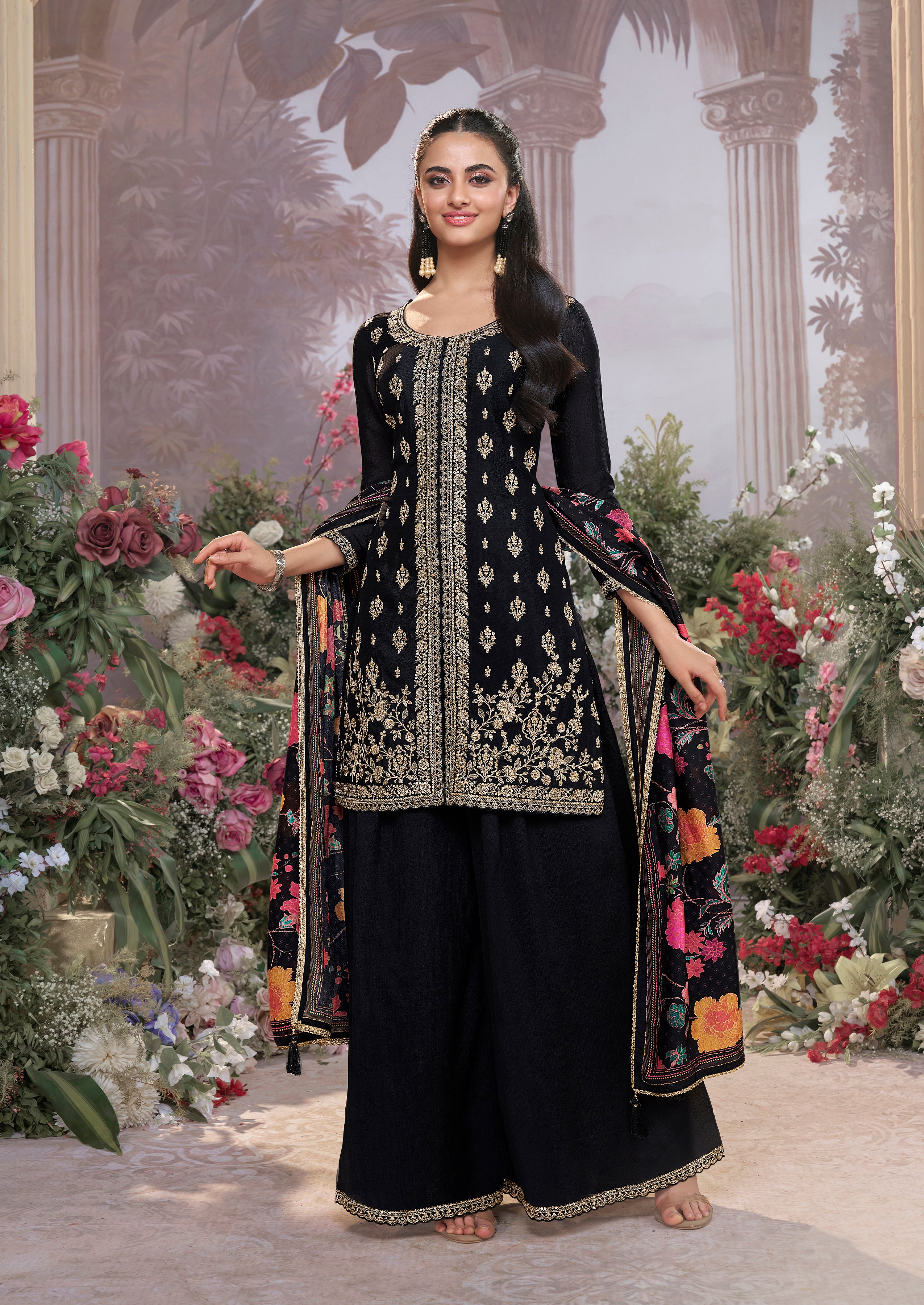 Deep Black Embellished Chinon Silk Palazzo Set