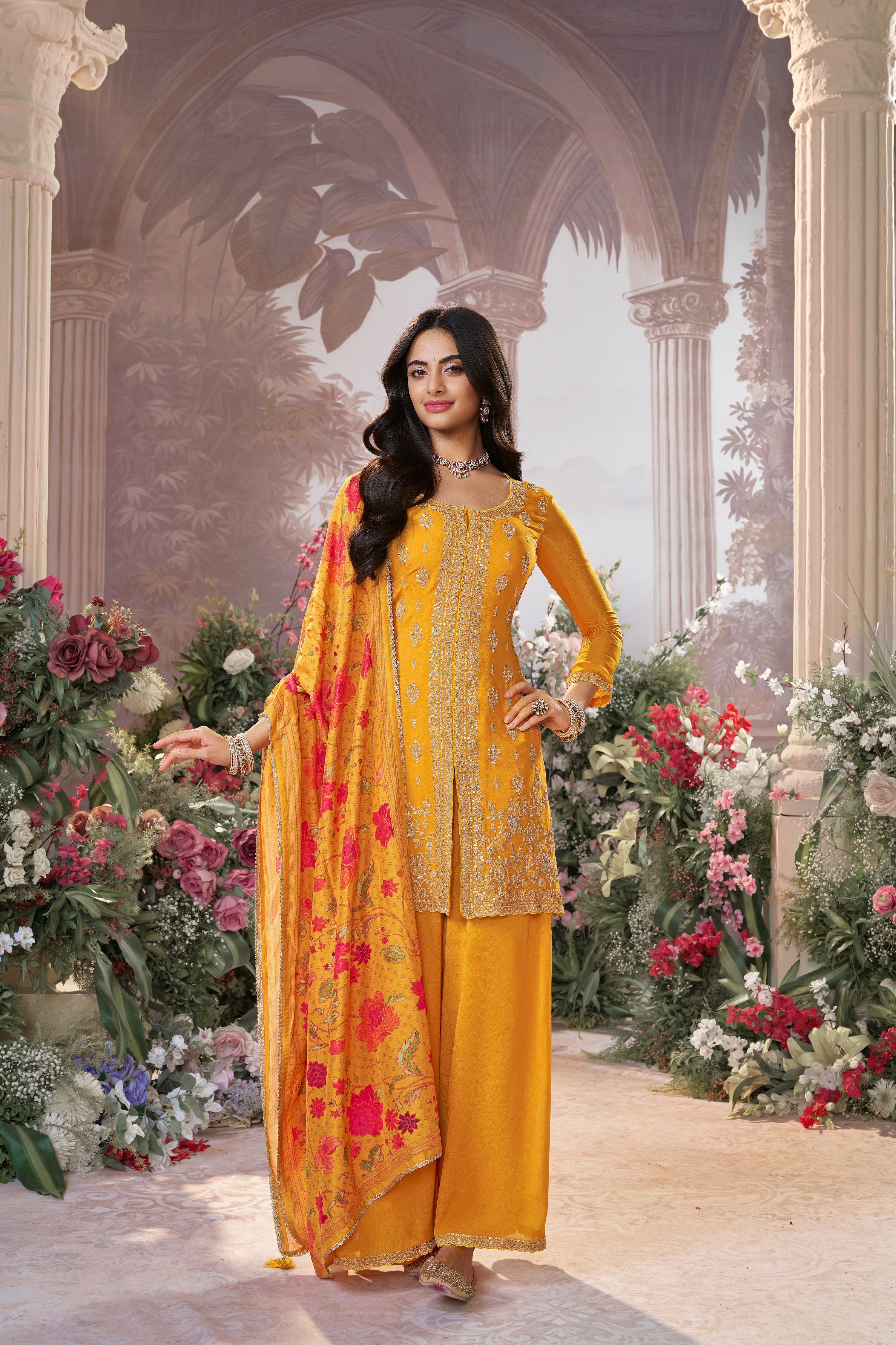 Bright Yellow Embellished Premium Silk Palazzo Set