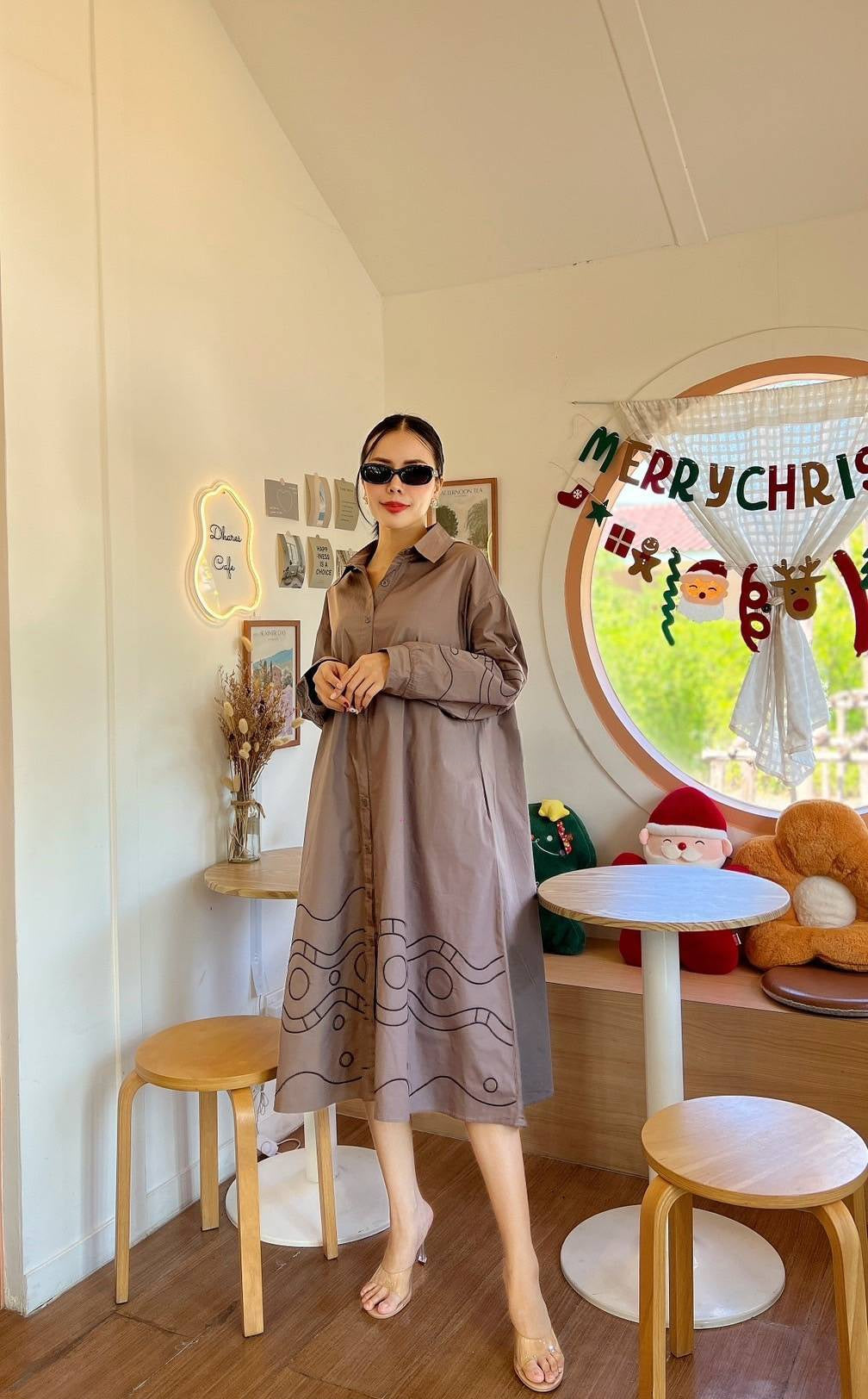 Taupe Brown Geometric Embroidery Cotton Tunic Dress