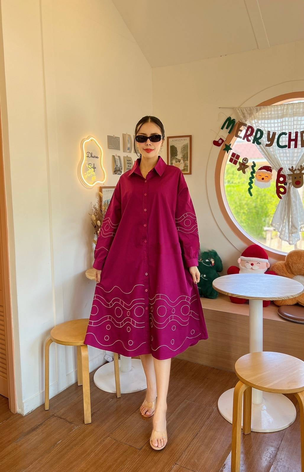 Deep Wine Geometric Embroidery Cotton Tunic Dress