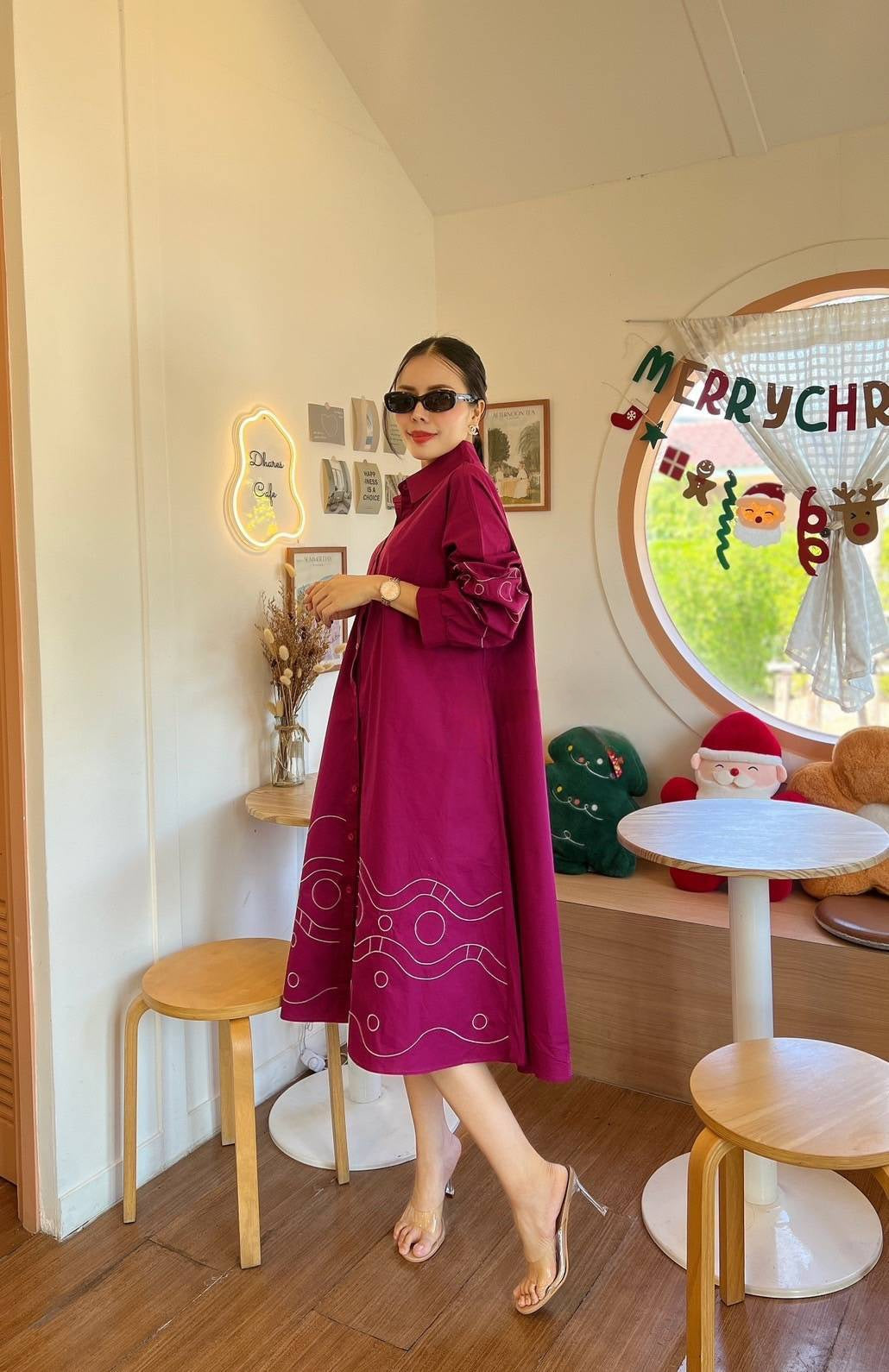 Deep Wine Geometric Embroidery Cotton Tunic Dress