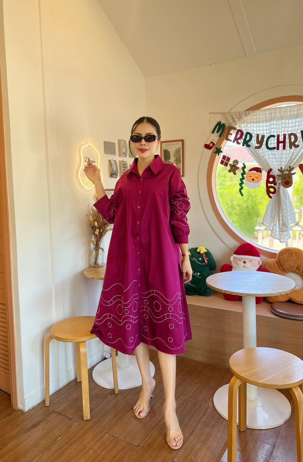 Deep Wine Geometric Embroidery Cotton Tunic Dress