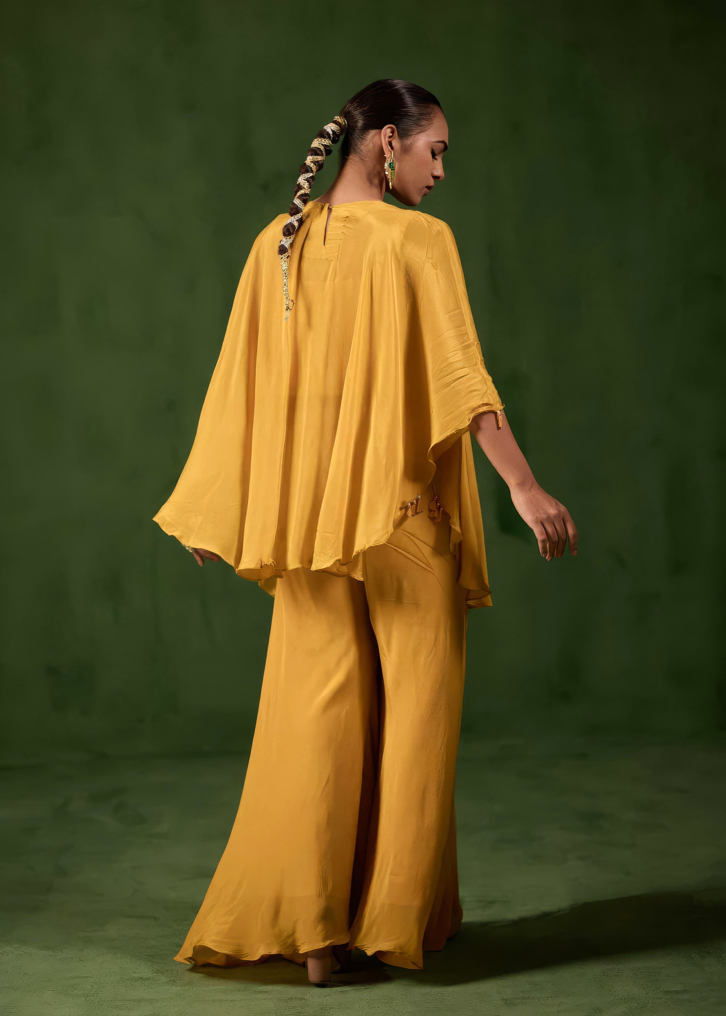 Golden Mustard Embellished Chinon Silk Kaftan Set