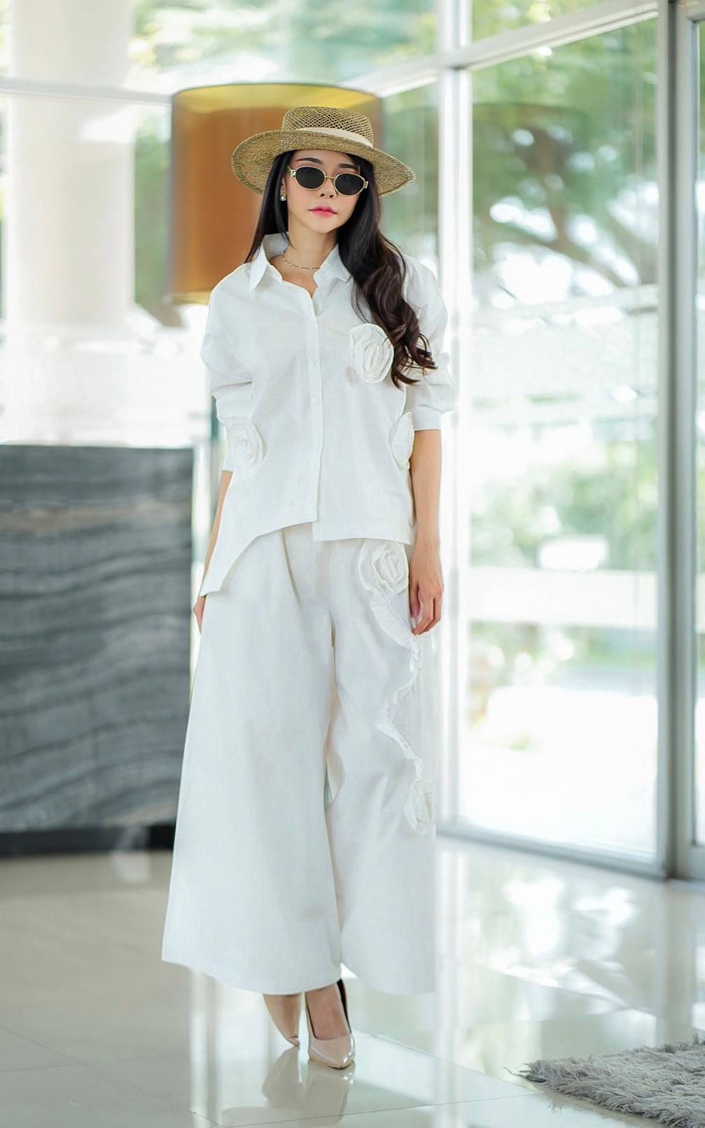 Pure White 3D Fabric Flower Applique Co-Ord Set