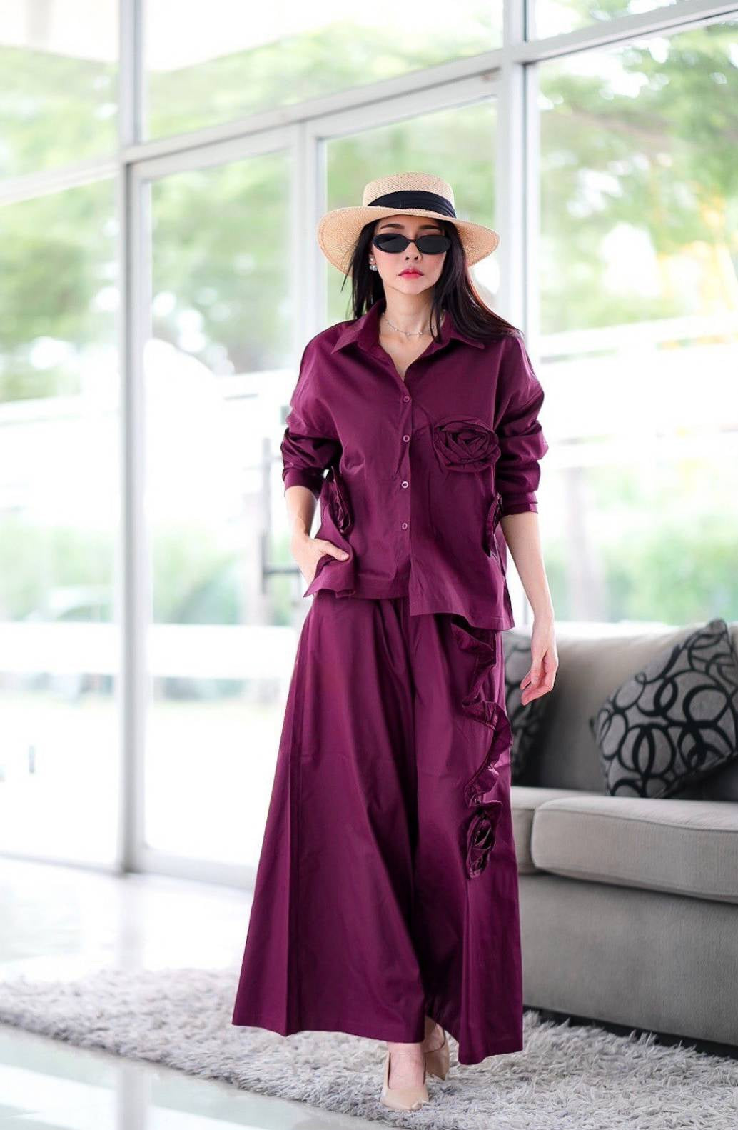 Deep Wine 3D Fabric Flower Applique Co-Ord Set