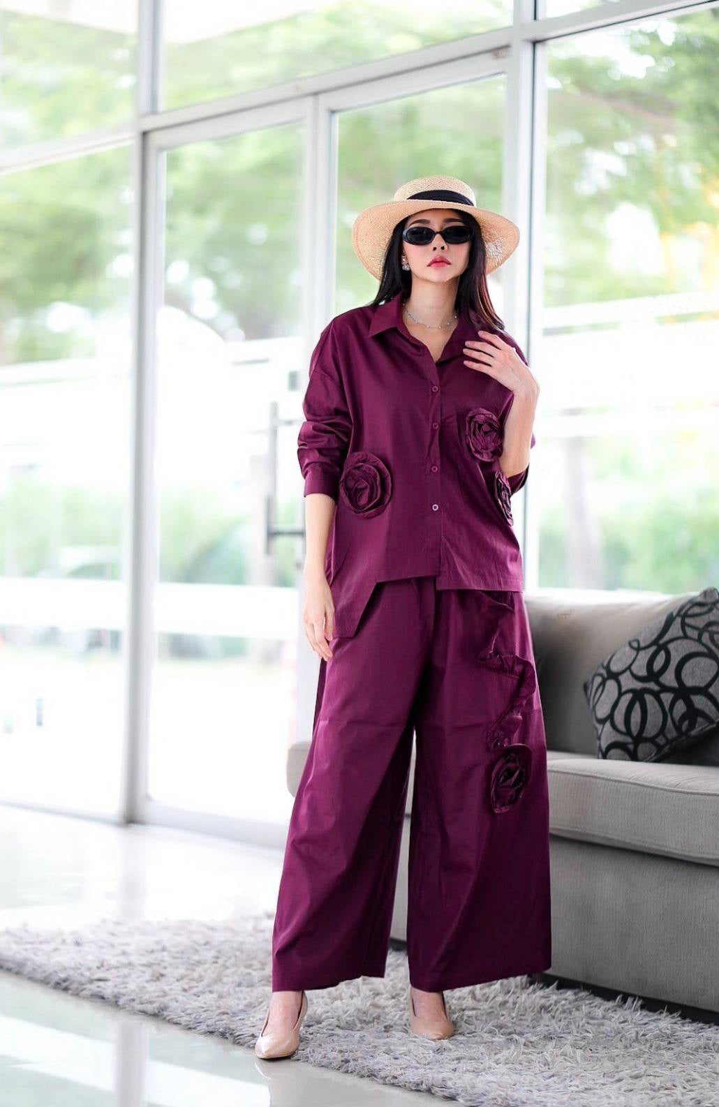 Deep Wine 3D Fabric Flower Applique Co-Ord Set