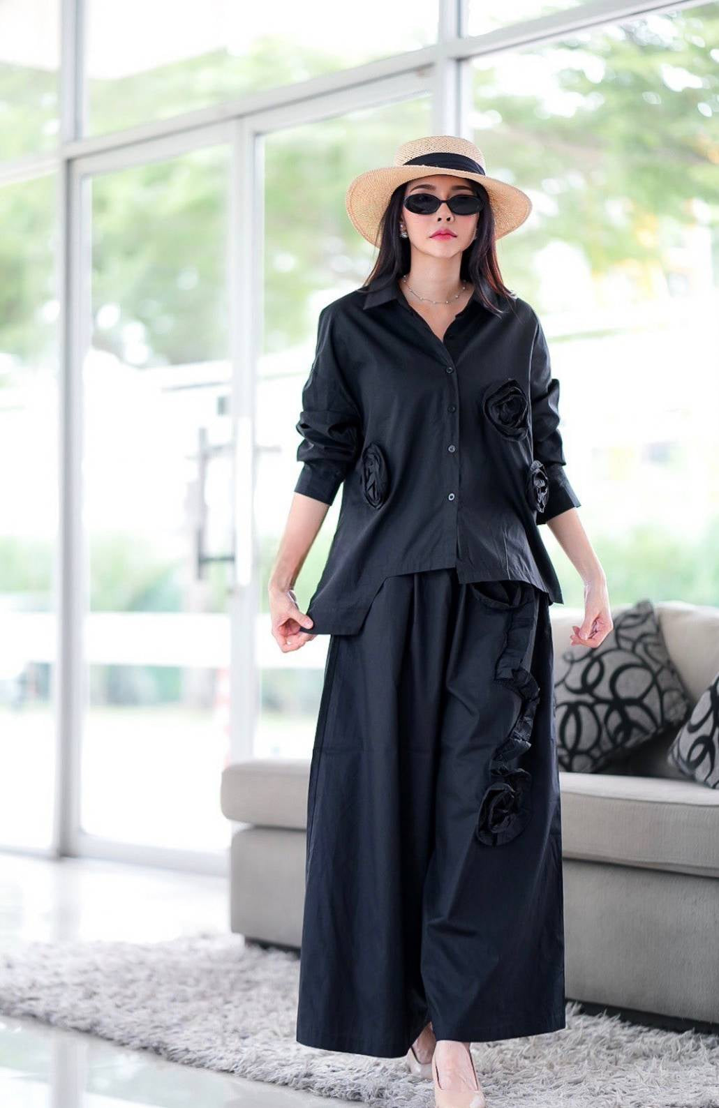 Jet Black 3D Fabric Flower Applique Co-Ord Set