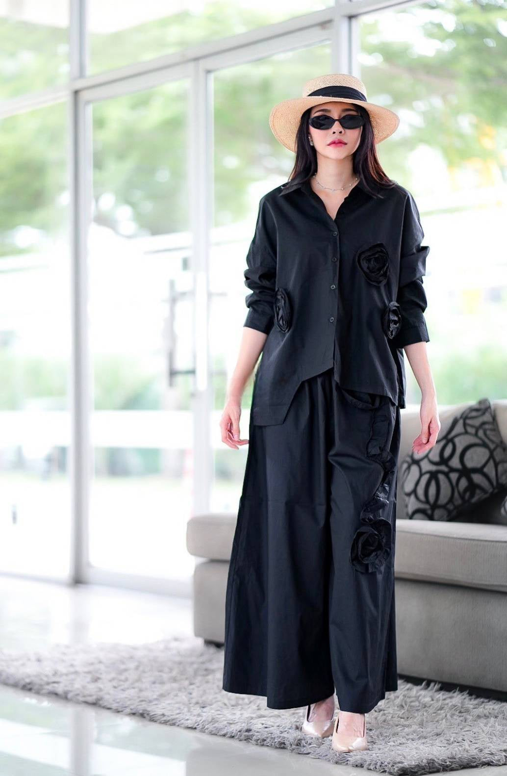 Jet Black 3D Fabric Flower Applique Co-Ord Set
