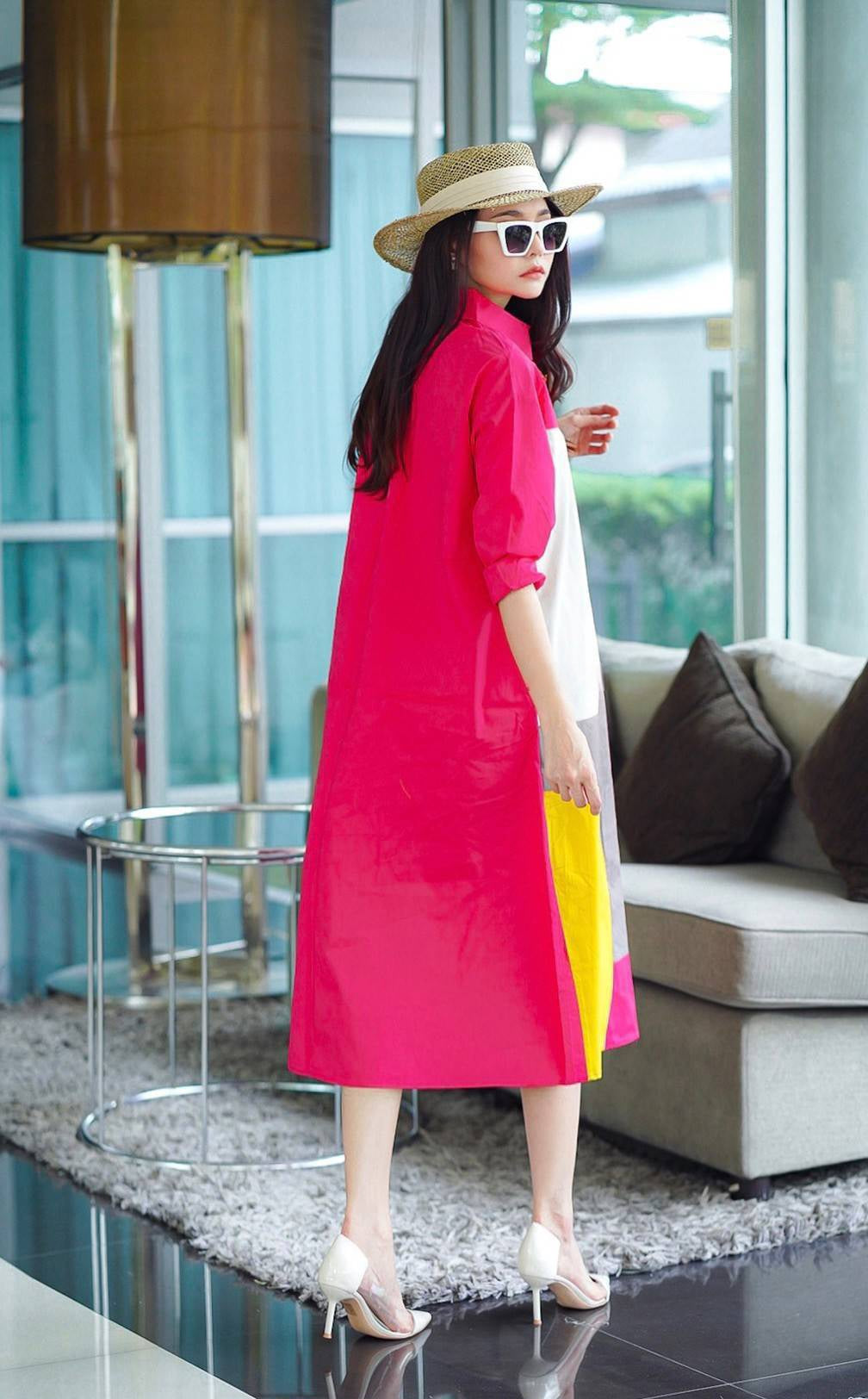 Hot Pink Printed Cotton Blend Tunic Dress