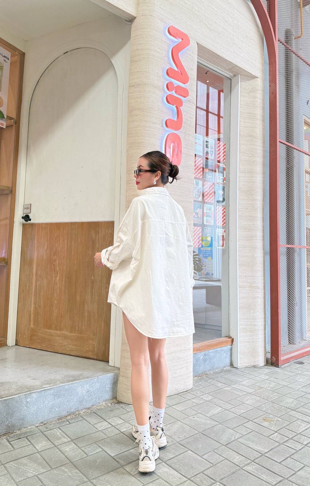 White Printed Denim Twill Shirt Style Top