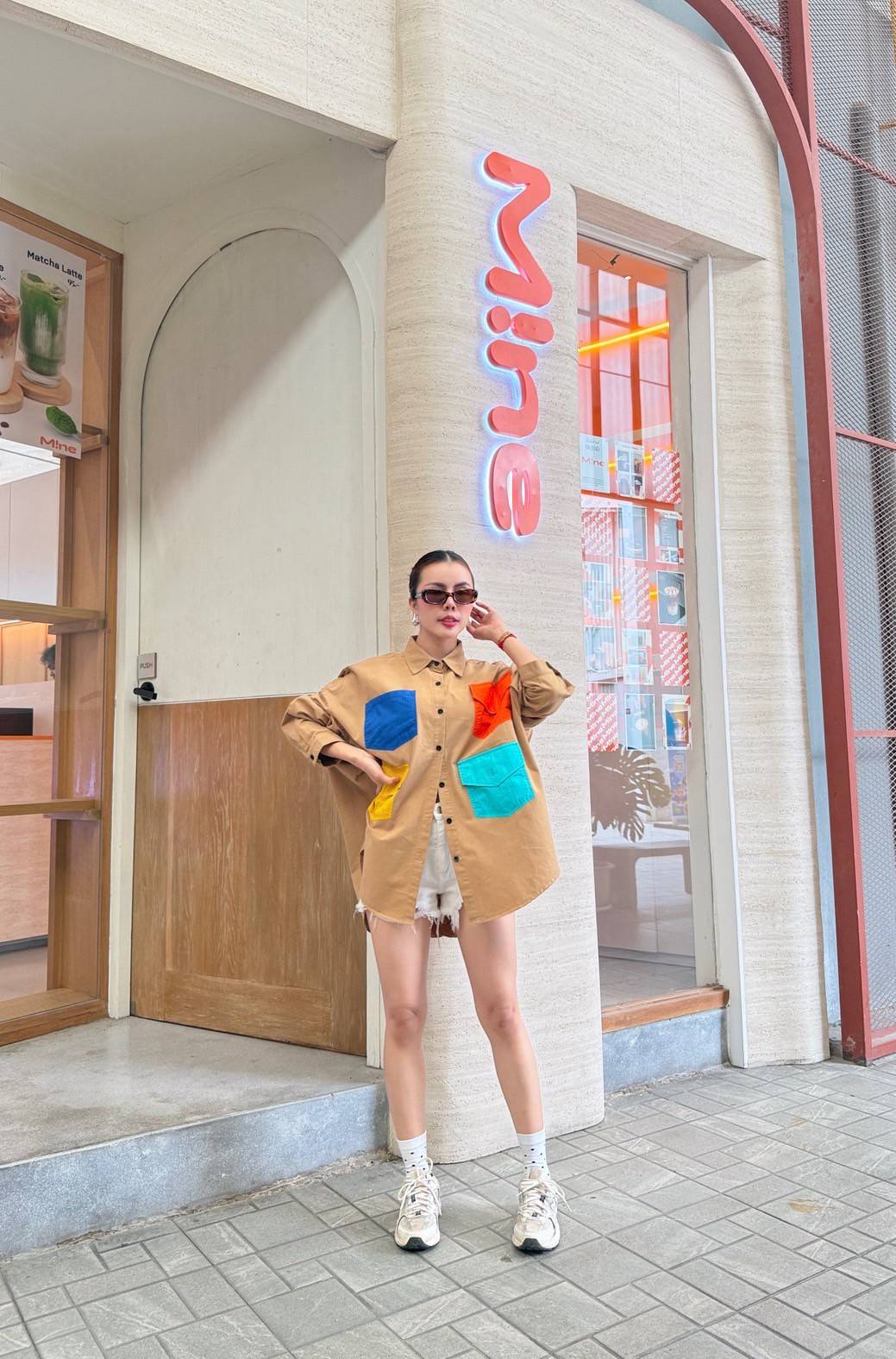 Sand Tan Printed Denim Twill Shirt Style Top