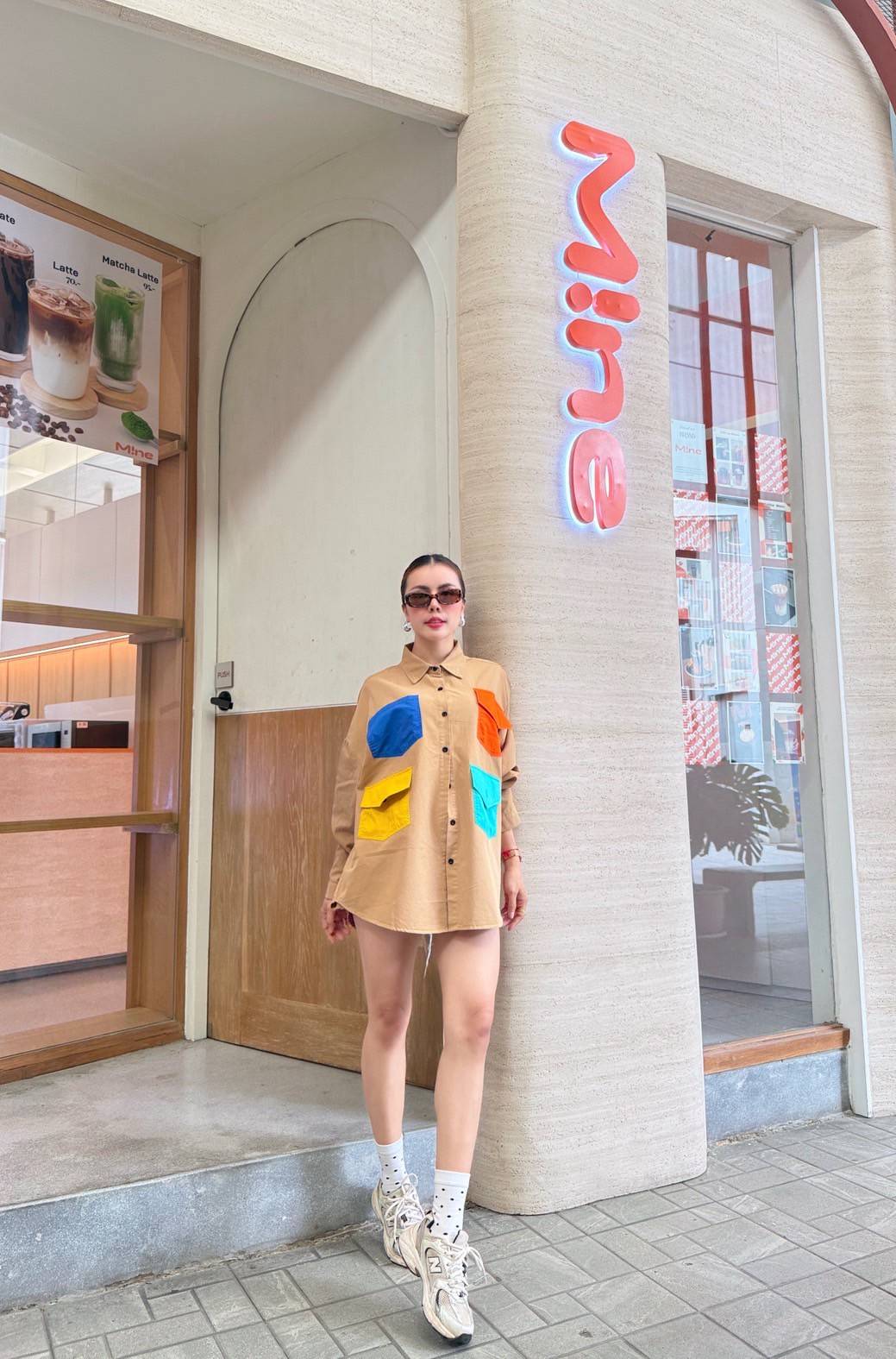 Sand Tan Printed Denim Twill Shirt Style Top