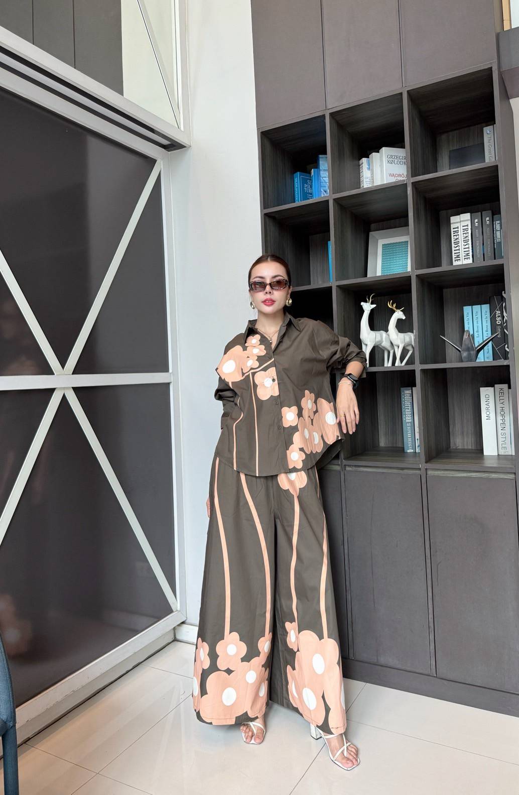 Olive Green Printed Cotton Satin Co-Ord Set