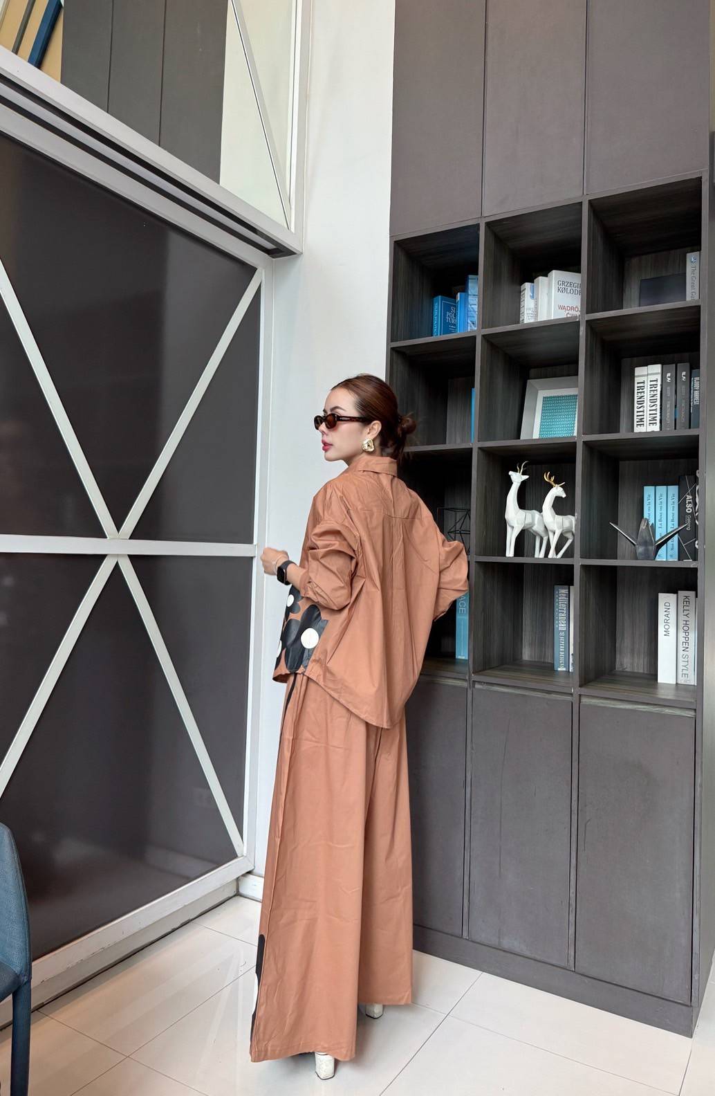 Terracotta Brown Printed Cotton Satin Co-Ord Set