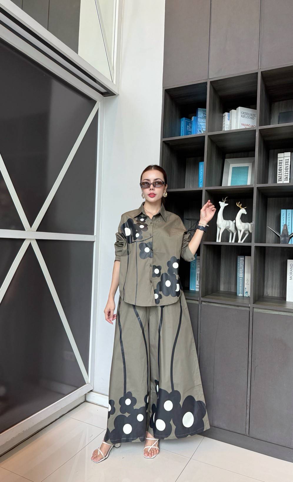 Olive Green Printed Cotton Satin Co-Ord Set