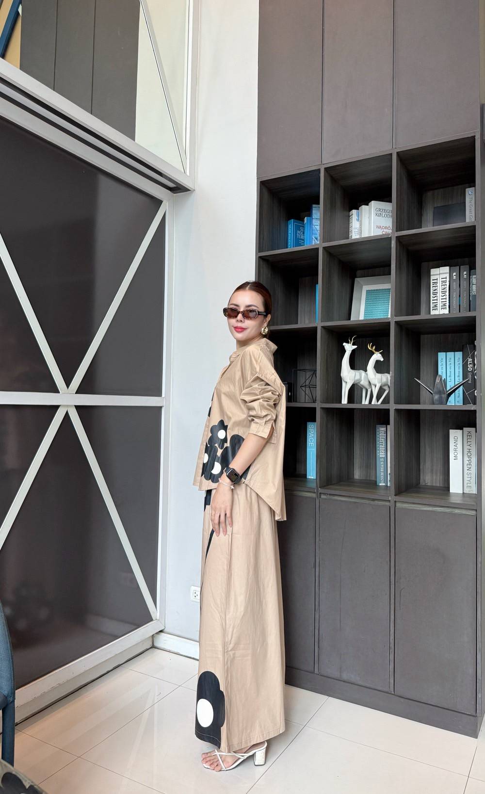 Beige Printed Cotton Satin Co-Ord Set