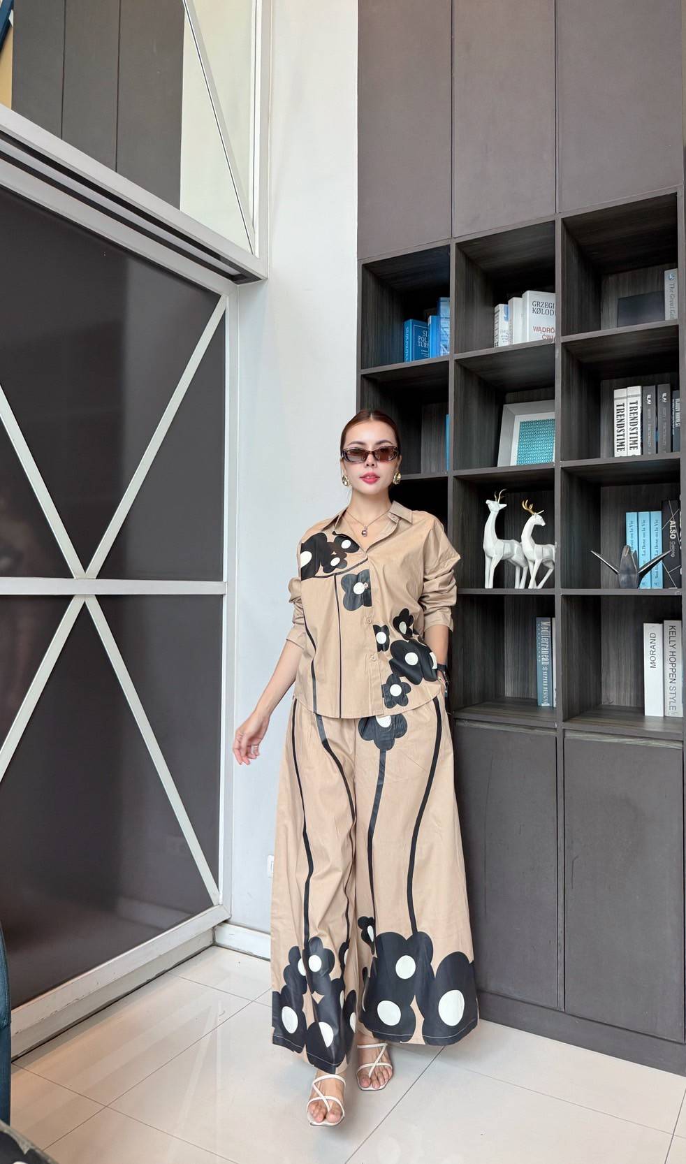 Beige Printed Cotton Satin Co-Ord Set