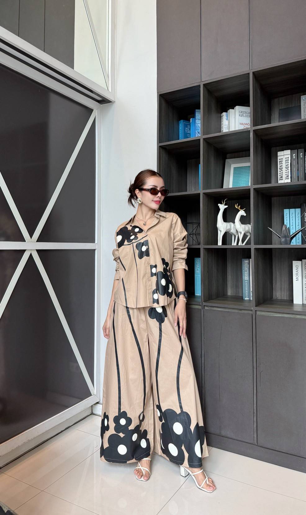 Beige Printed Cotton Satin Co-Ord Set