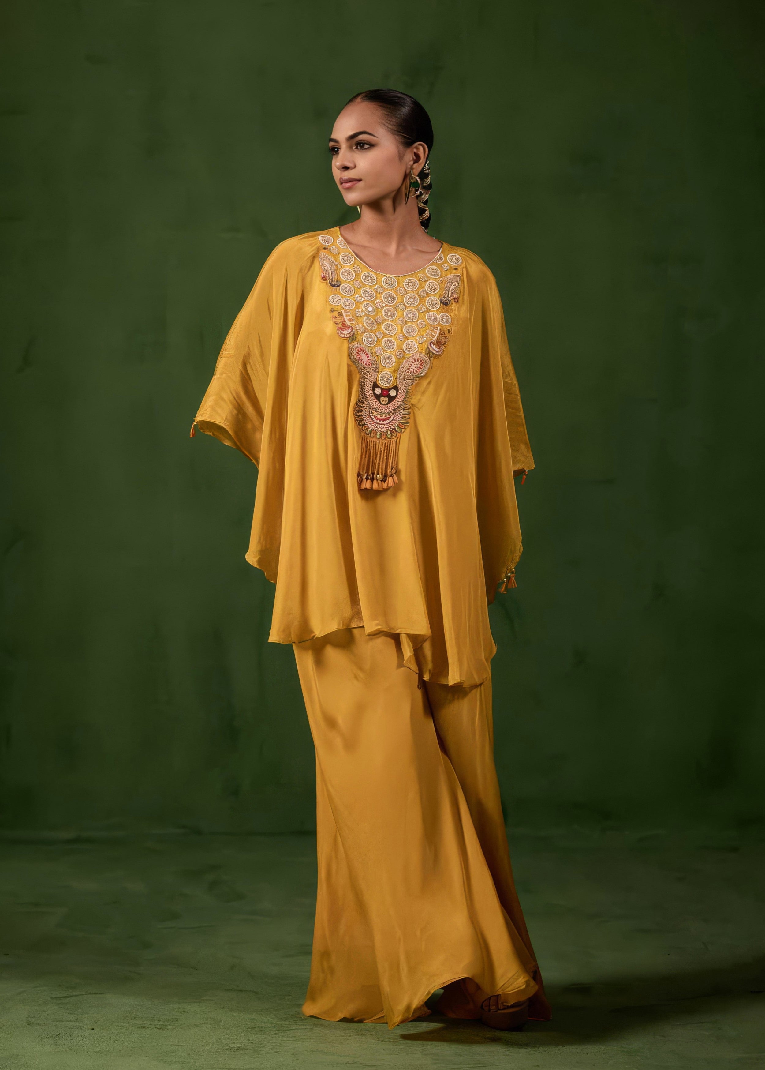 Golden Mustard Embellished Chinon Silk Kaftan Set
