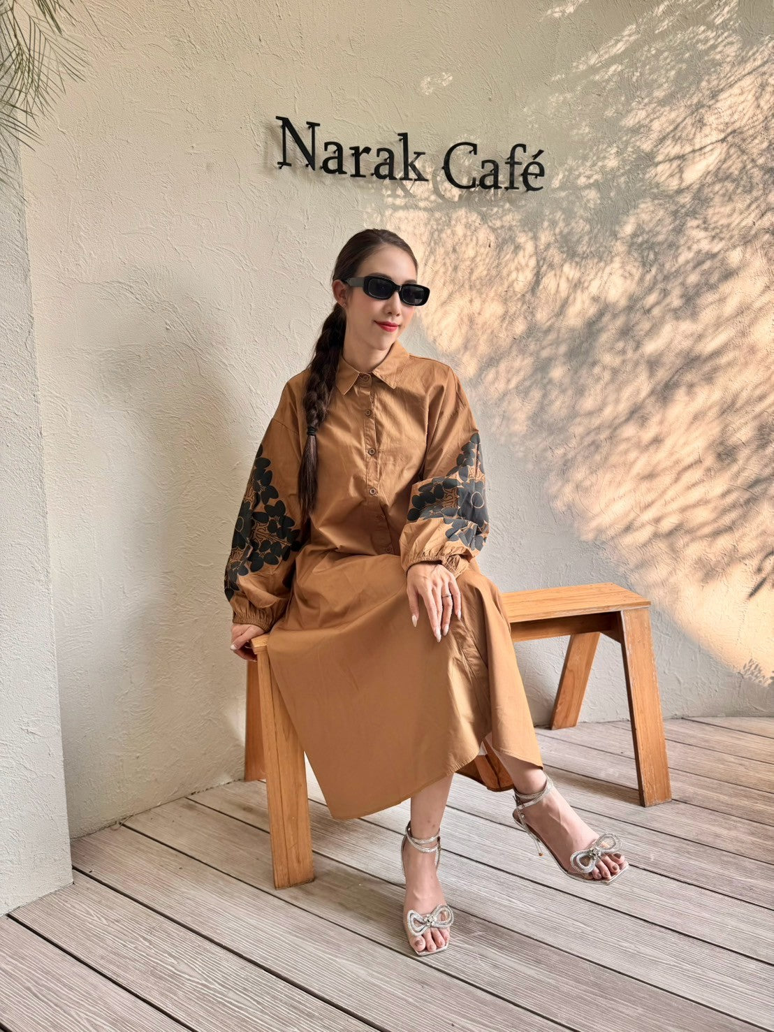 Camel Tan Embroidered Cotton Dress