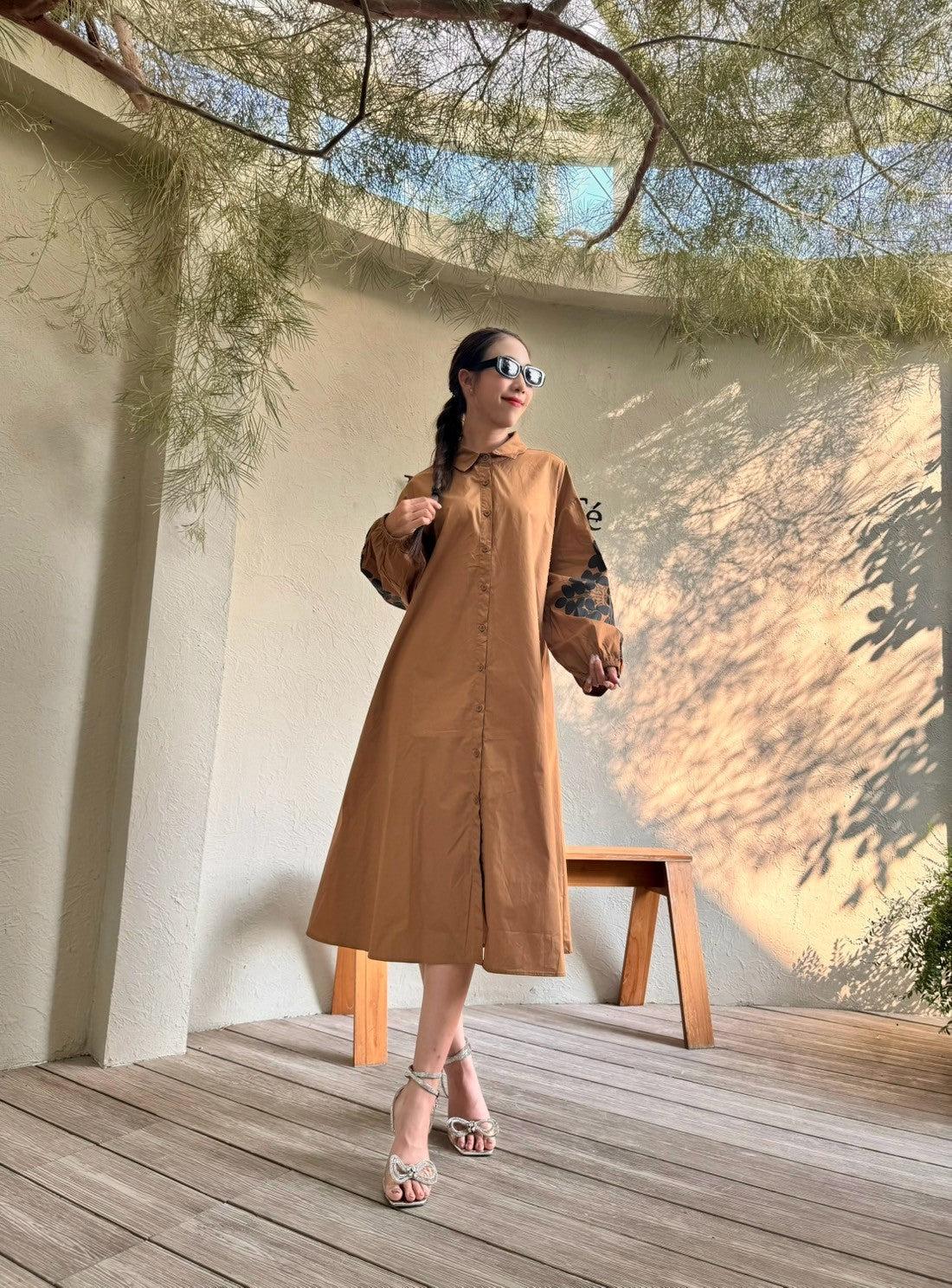 Camel Tan Embroidered Cotton Dress