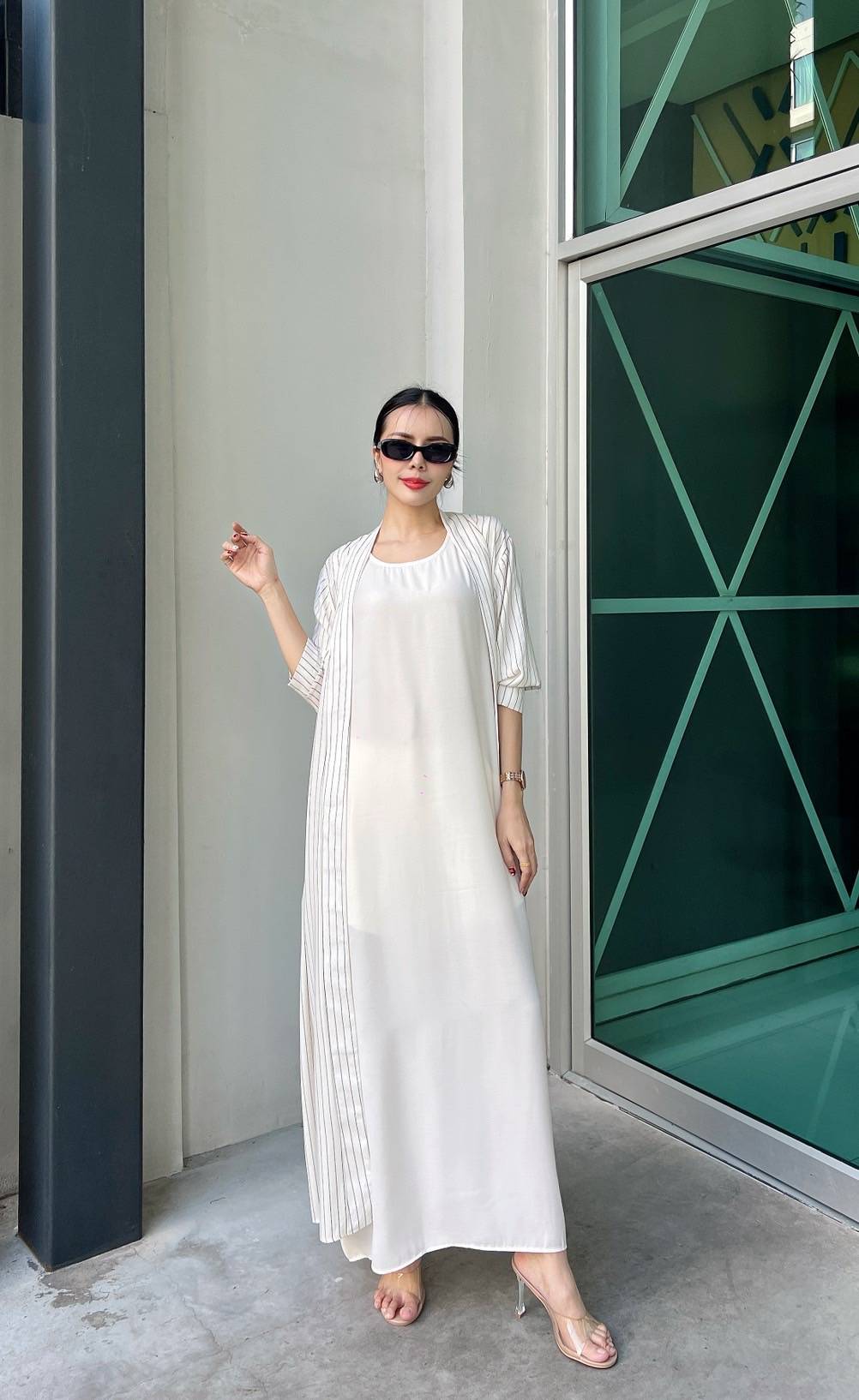 White Pinstripe Printed Crepe Silk Dress